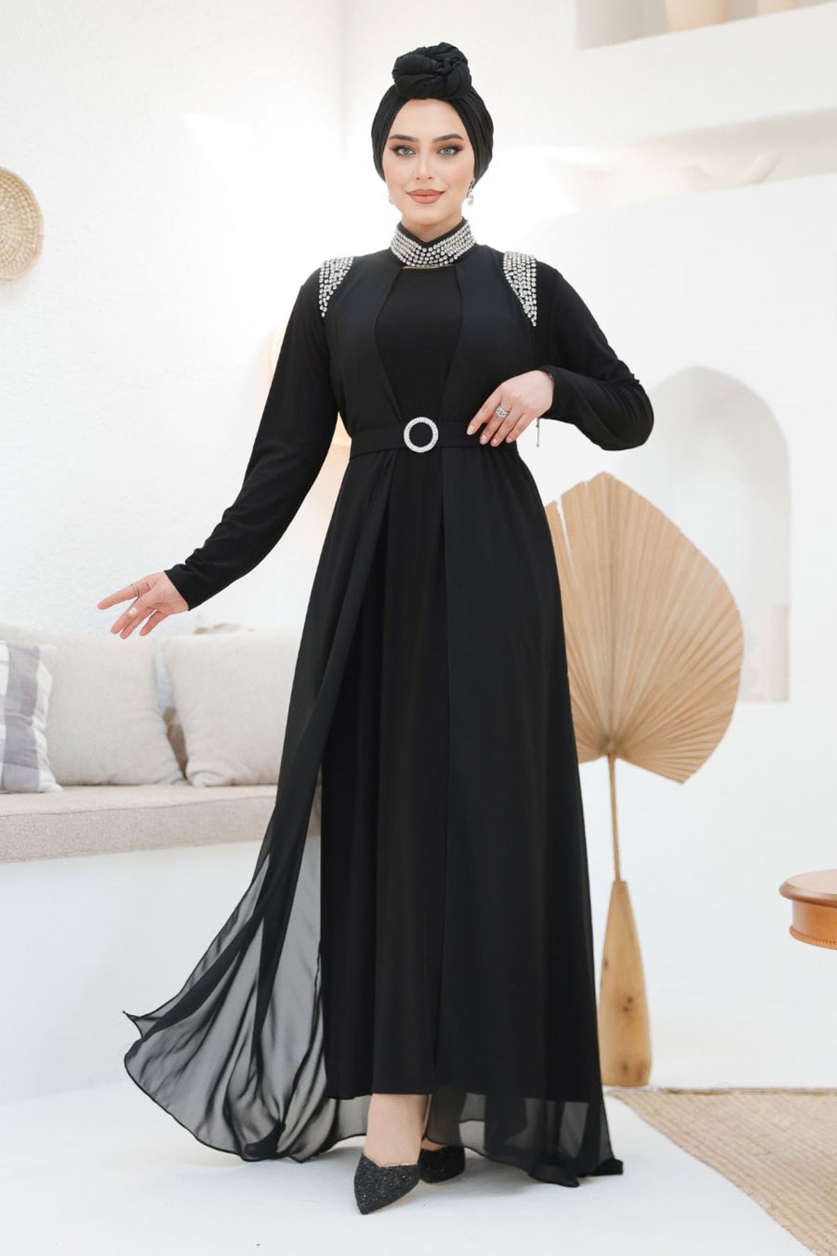 Neva Style Boncuk İşlemeli Siyah Tesettür Abaya Takım