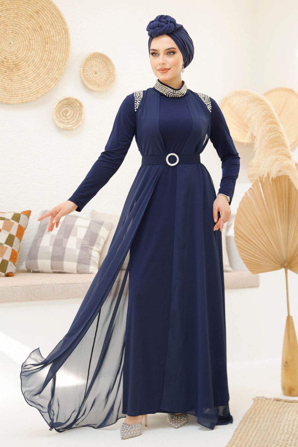 Neva Style Boncuk İşlemeli Lacivert Tesettür Abaya Takım 43201L