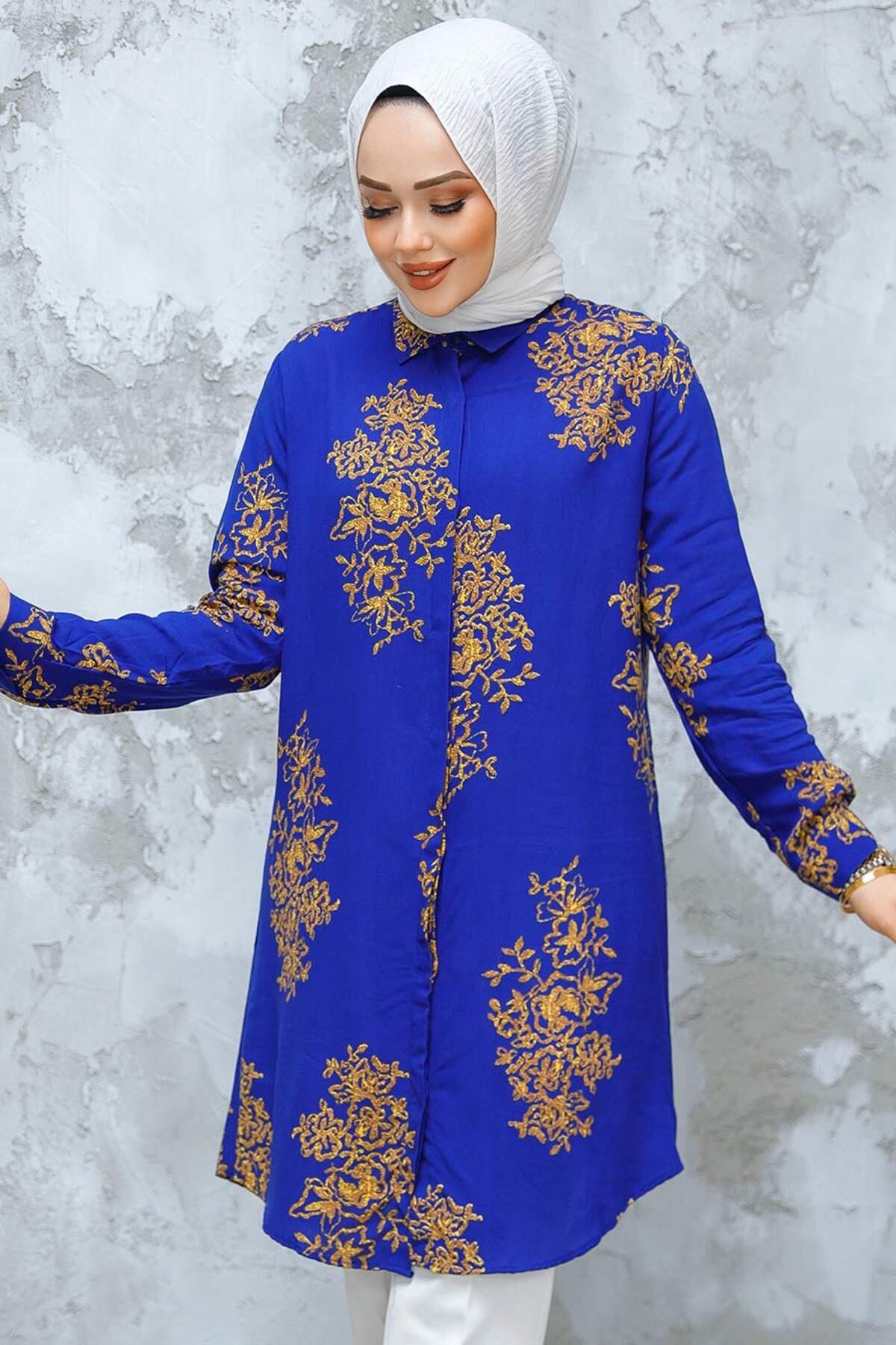 Neva Style-Sax Blue Patterned Hijab Tunic - 11720Sx 2