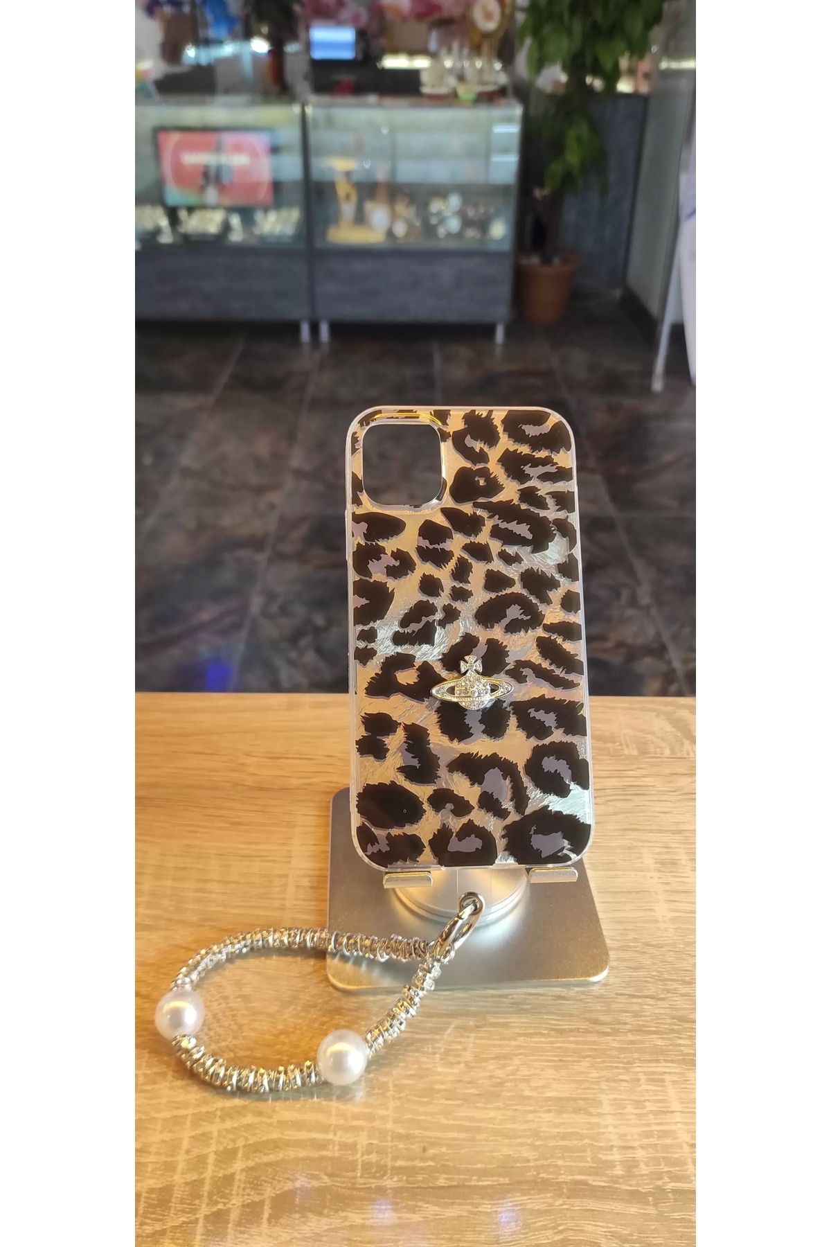 lucek cases İPhone 15 Uyumlu Leopar Tasarım Kılıf Taşlı Askılı Kapak Darbe Korumalı Hologram Kapak