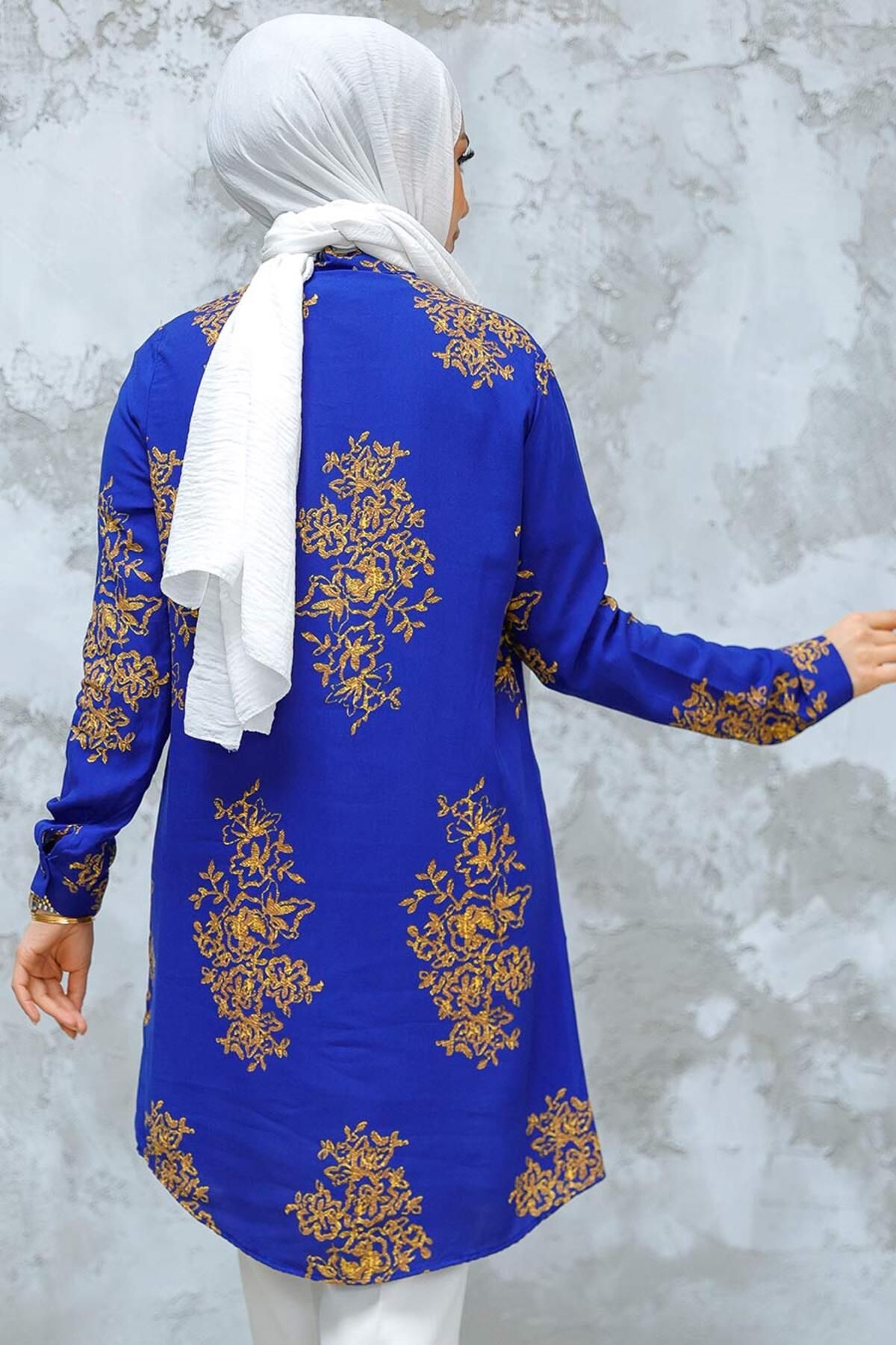 Neva Style-Sax Blue Patterned Hijab Tunic - 11720Sx 3