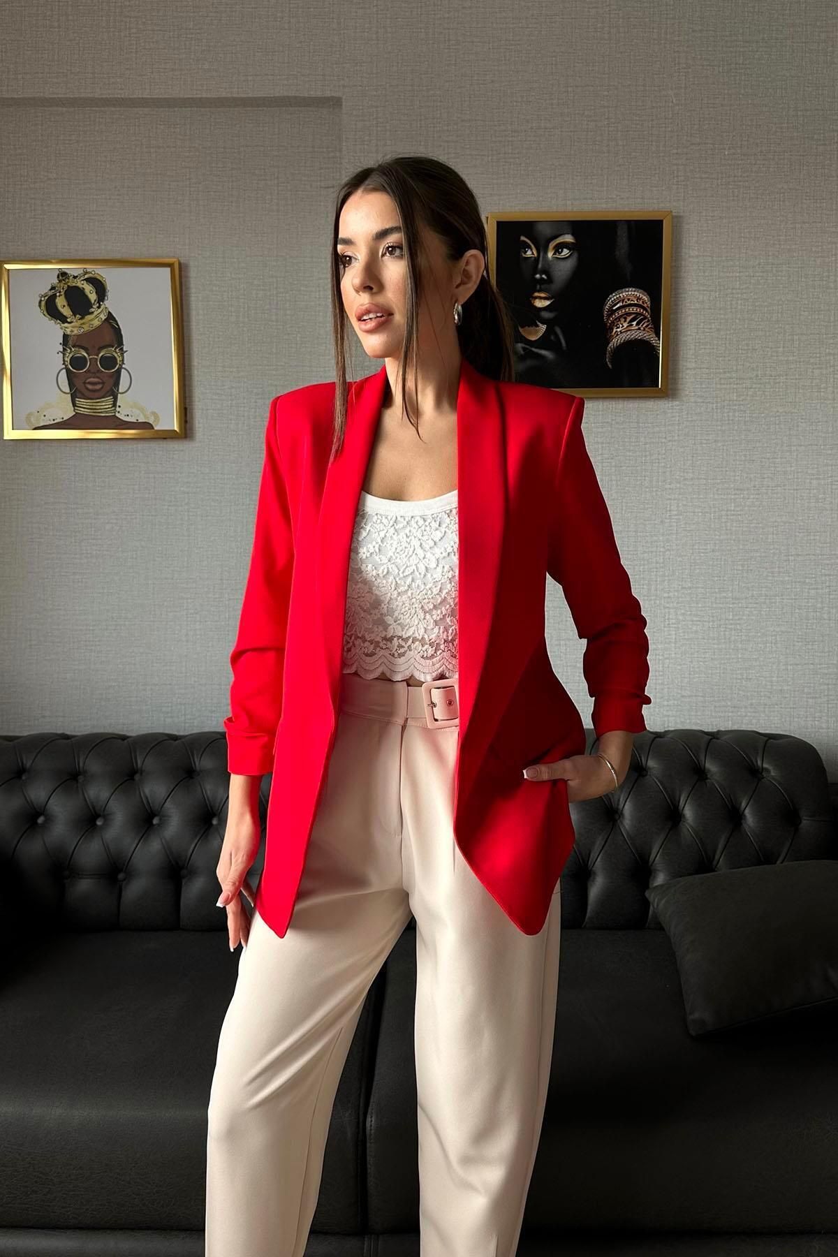 Moda cameo Kolları Büzgülü Blazer Ceket Kırmızı