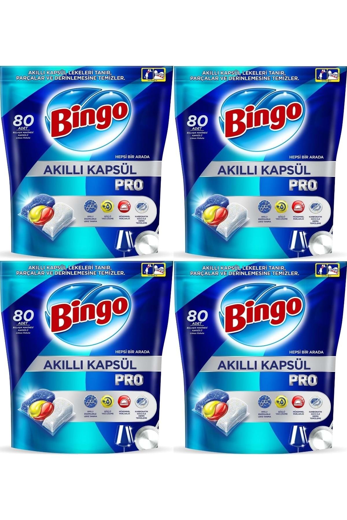 Bingo Akıllı Kapsül Pro Bulaşık Makinesi Deterjanı Tableti 320 Adet Limon Kokulu (4PK*80)