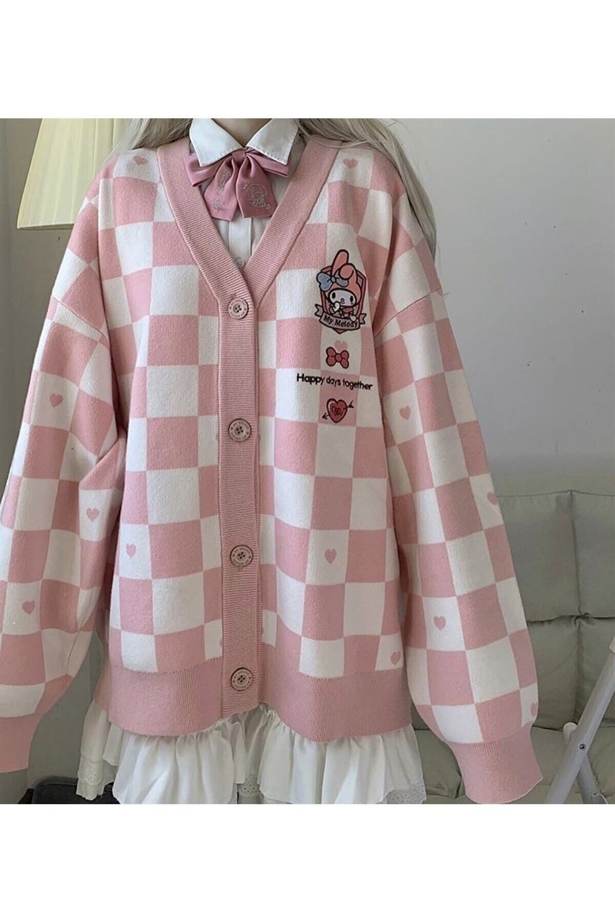 rengarenk outlet Anime Harajuku My Melody Pembe Damalı Kadın Oversize Hırka