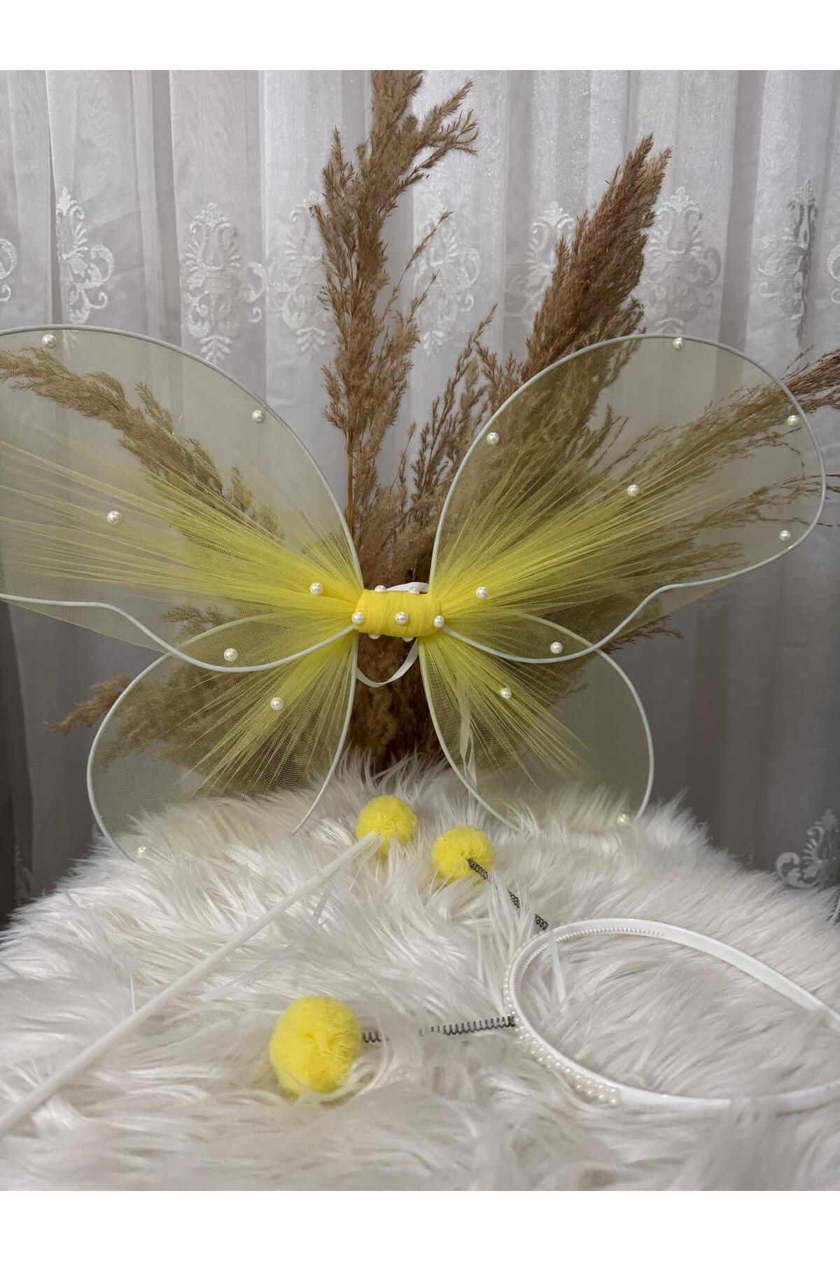 entrend-Pearl Detailed Butterfly Wing Yellow Crown Wand Set 3