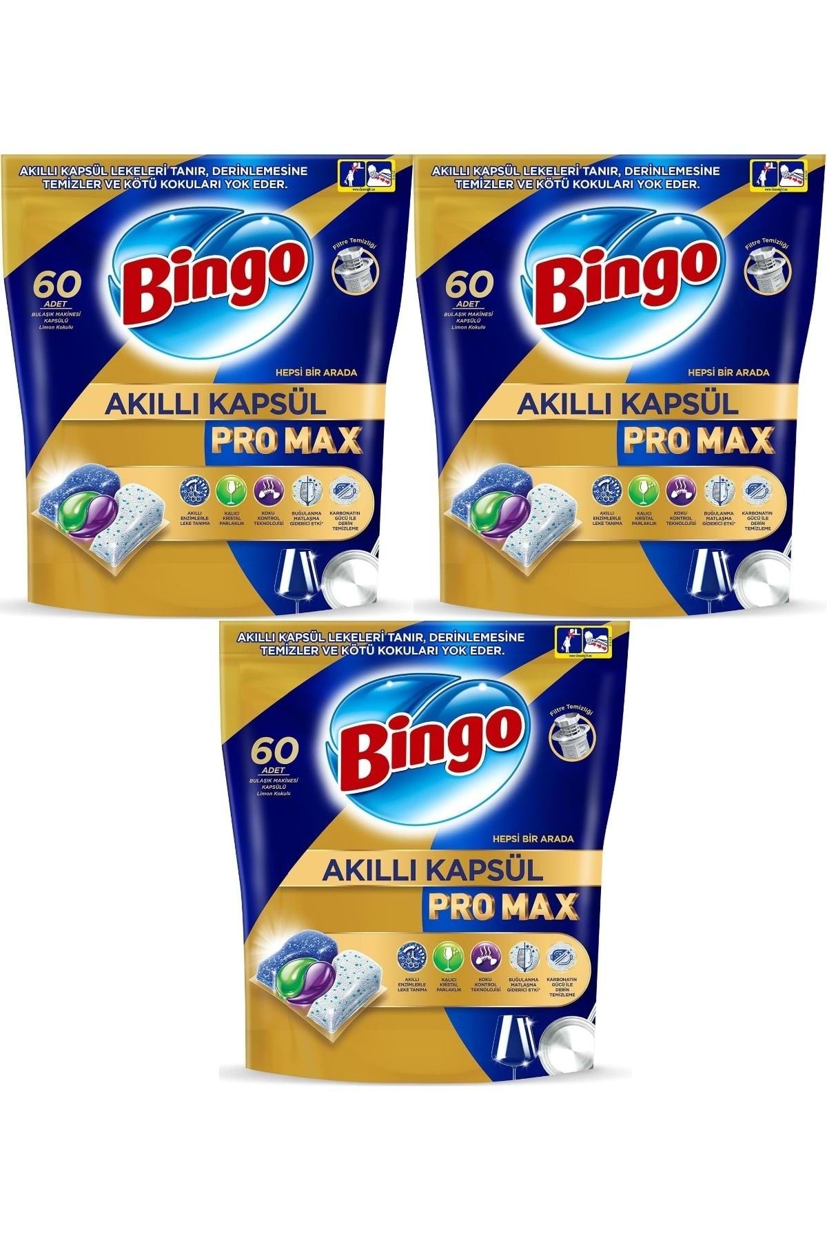 Bingo Akıllı Kapsül Pro Max Bulaşık Makinesi Deterjanı Tableti 180 Adet Limon Kokulu (3PK*60)