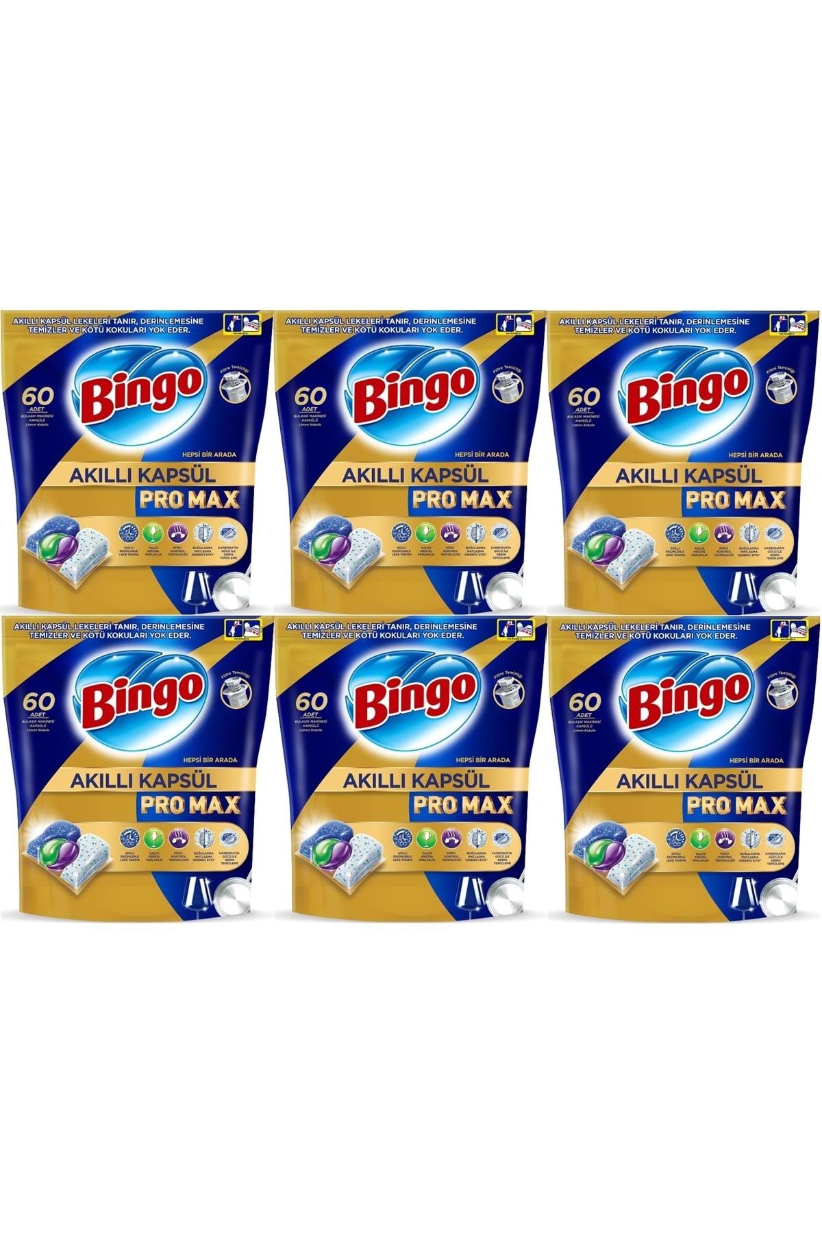 Bingo Akıllı Kapsül Pro Max Bulaşık Makinesi Deterjanı Tableti 360 Adet Limon Kokulu (6PK*60)