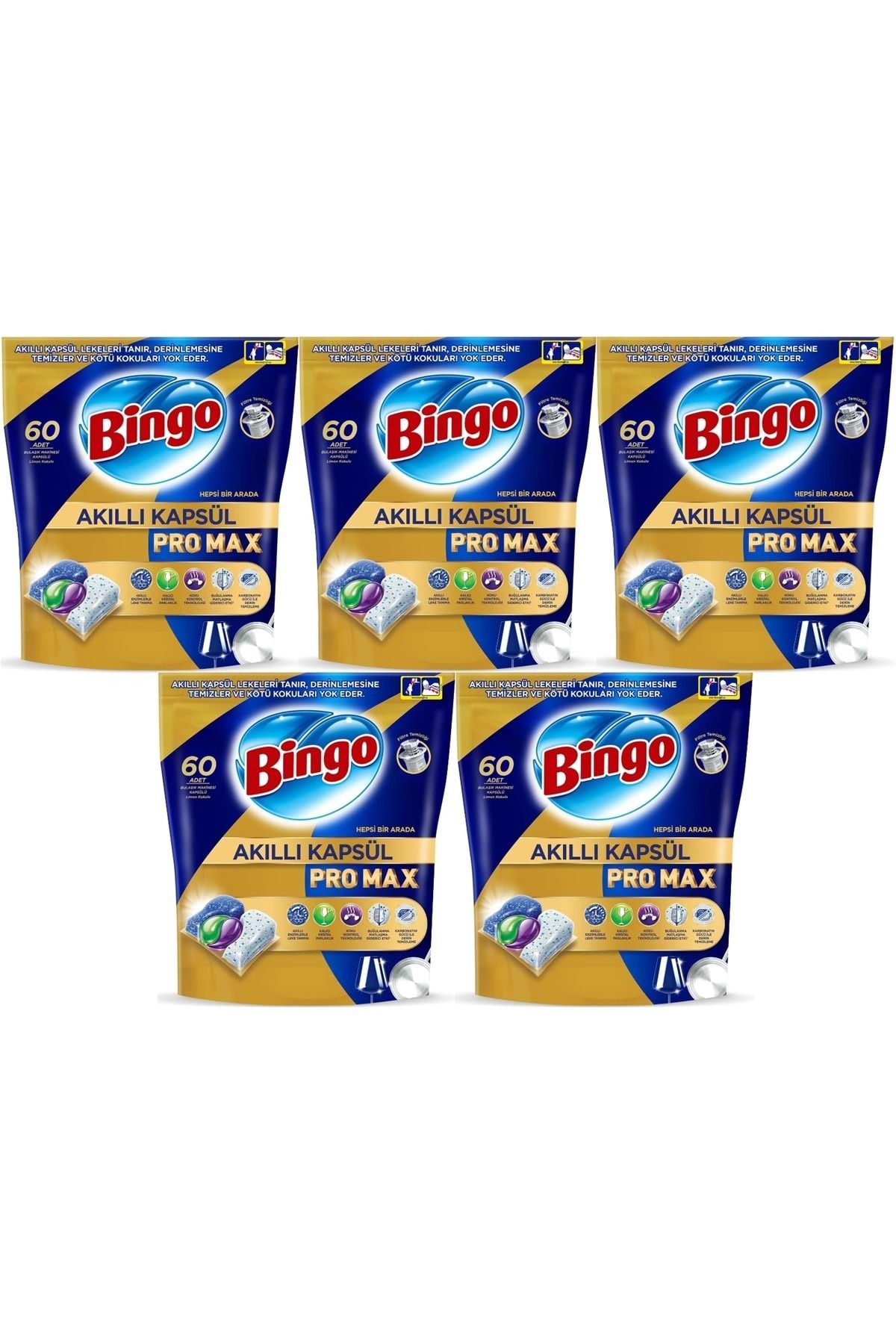 Bingo Akıllı Kapsül Pro Max Bulaşık Makinesi Deterjanı Tableti 300 Adet Limon Kokulu (5PK*60)