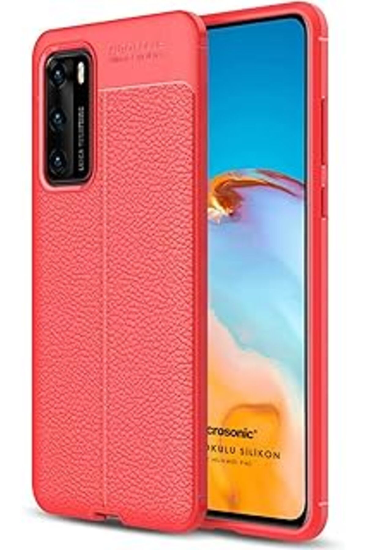 EDALKILIÇ Huawei P40 Için Kılıf Deri Dokulu Silikon Kırmızı [P40 Ile Uyumlu Kılıf - Kırmızı]