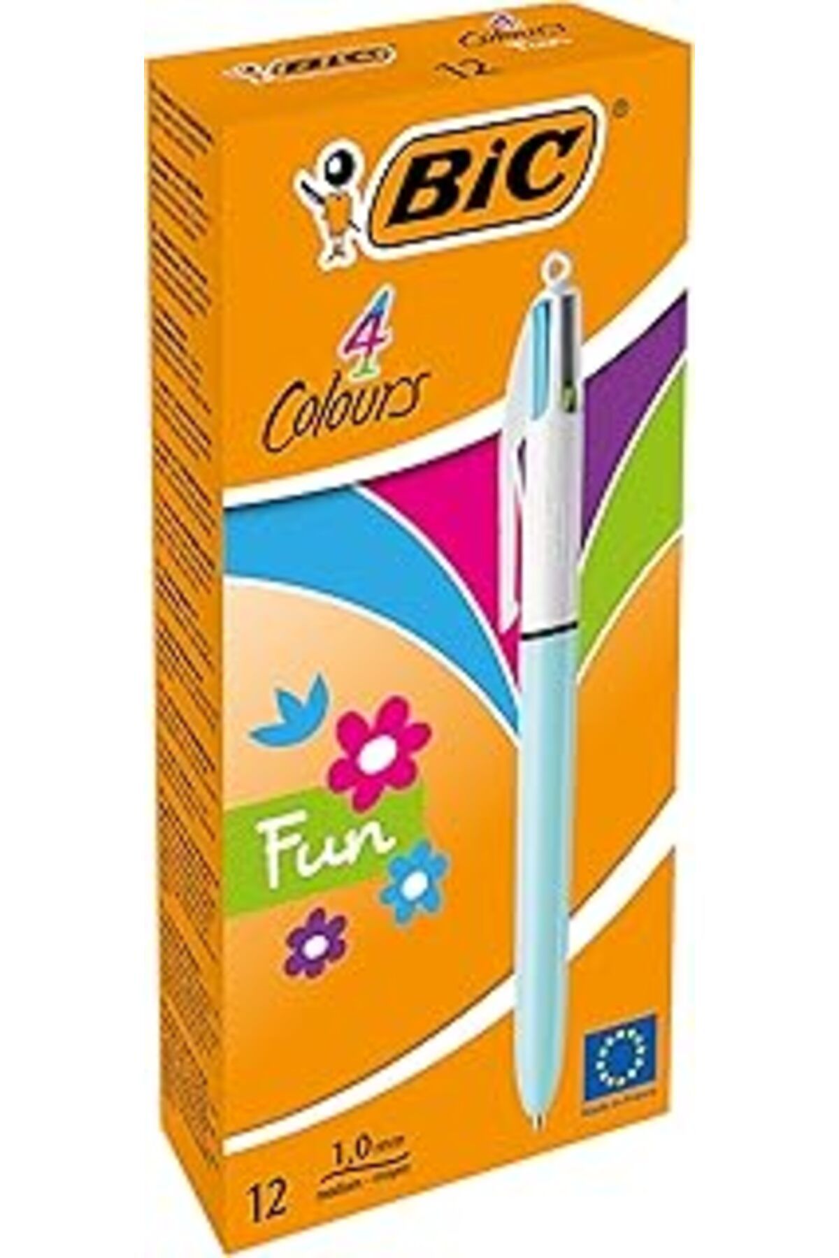 ShopZum Bic 4 Colours Fun Tükenmez Kalem, 12'Li Kutu, 1.0Mm Uç, Tek Kalemde Pembe, Mor, Turkuaz Ve Açık Yeş