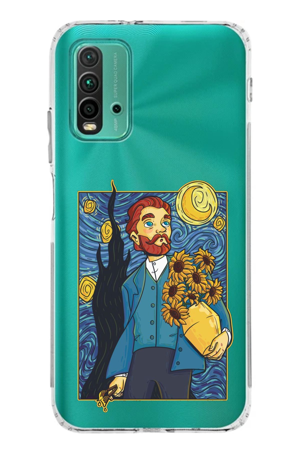 TechTree Redmi 9T Uyumlu Van Gogh Portre Tasarımlı Şeffaf Silikon Kılıf