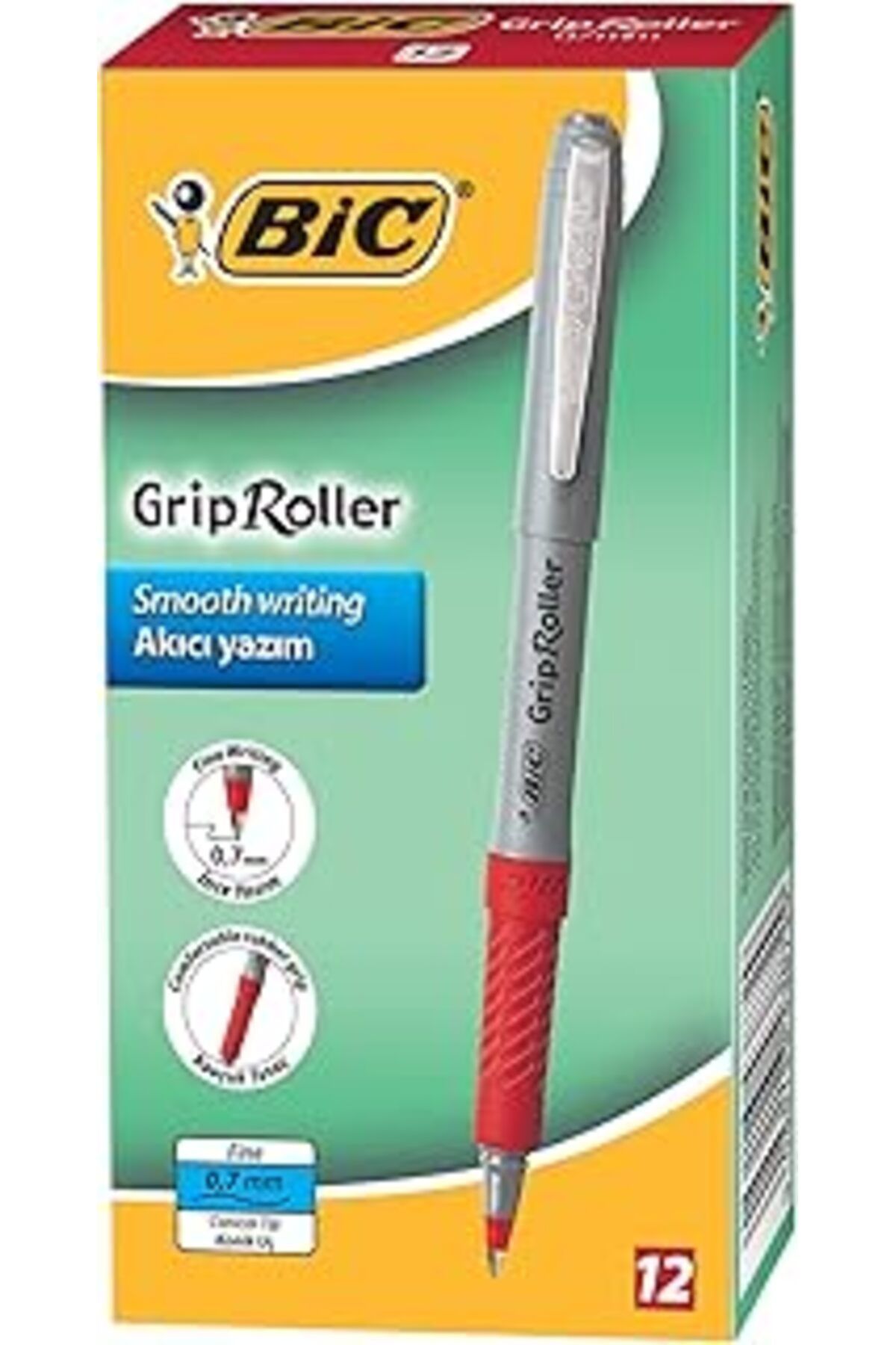 ebadi Bic Roller Glide Grip 0.7 Uçlu Roller Kalem, Kırmızı, 12'Li Kutu