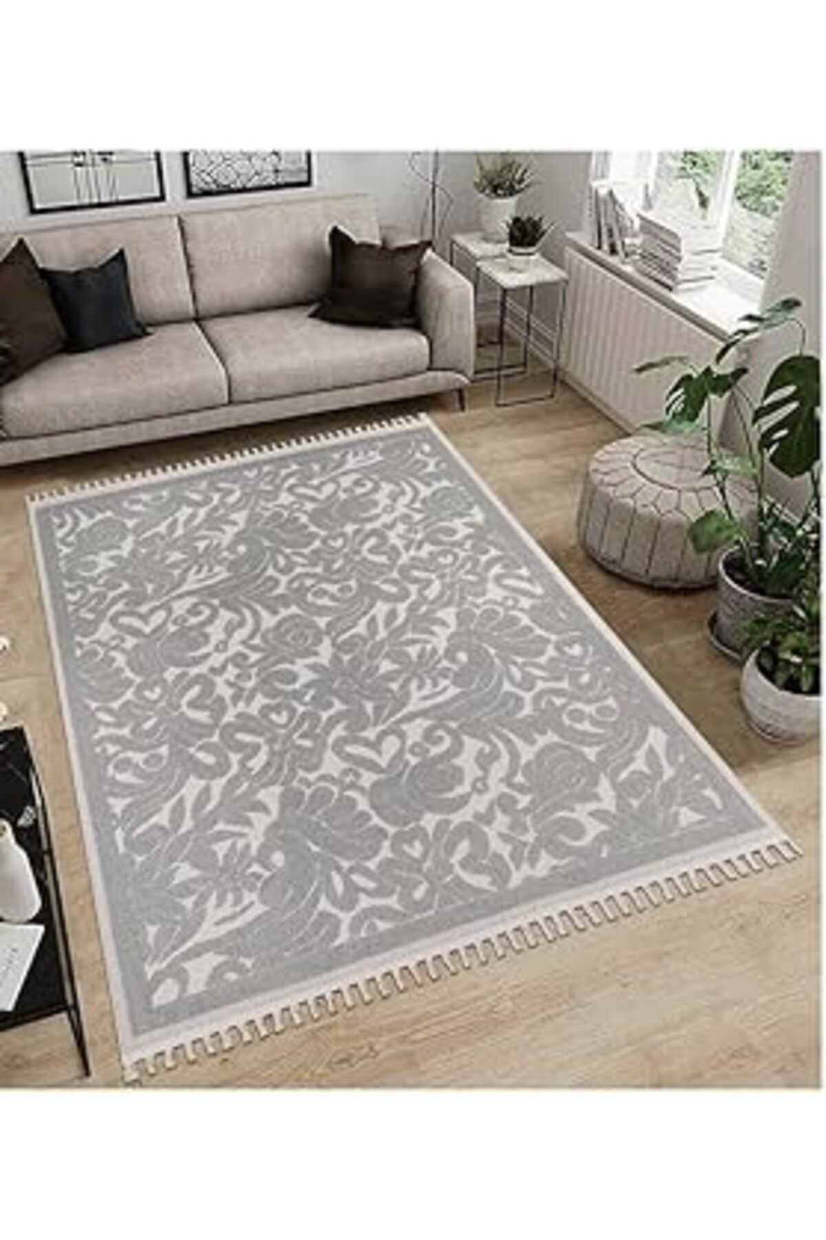 ShopZum My Evilla Dekoratif Modern Naturel Kayma Yapmayan Yıkanabilir Pamuk Dokuma Kilim Saçaklı 7016C 120