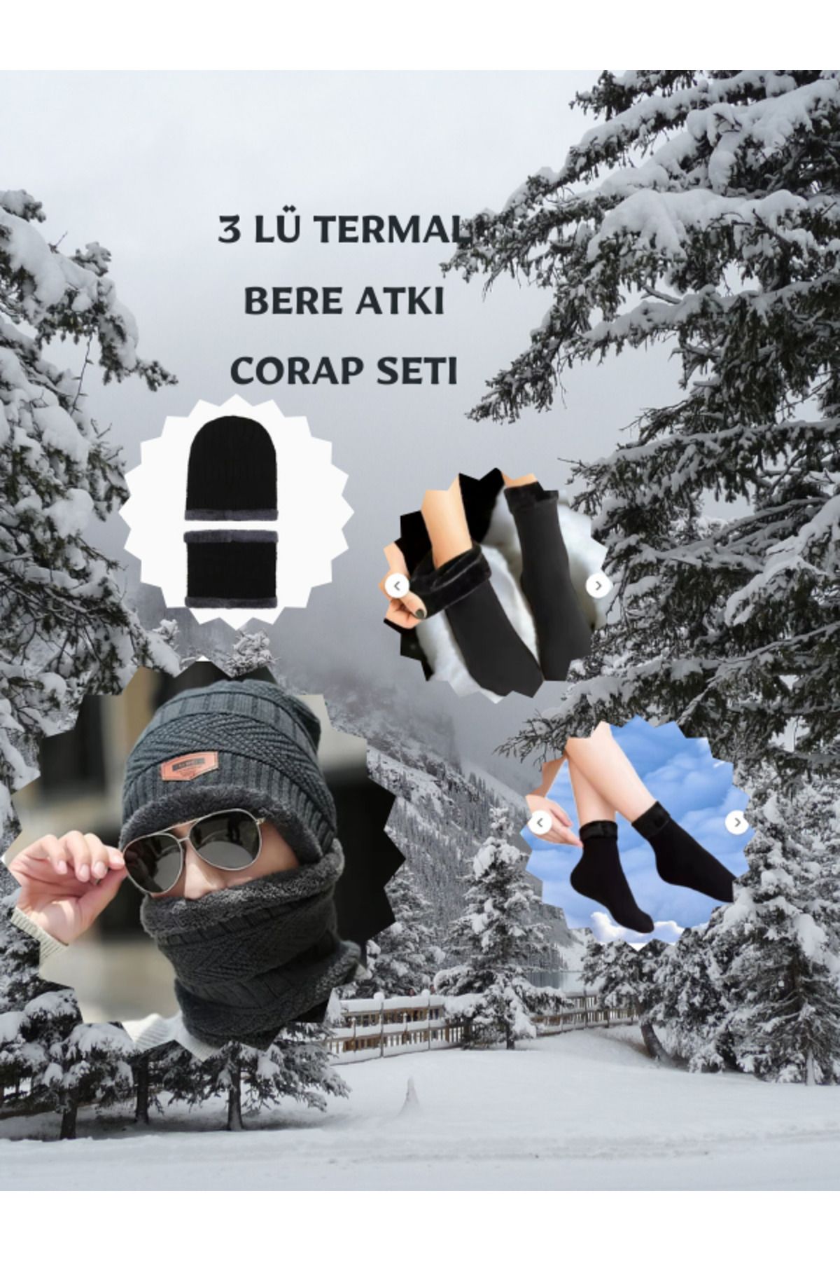 SOSYETEZGAHI Erkek Termal 3 lü Bere Atki Corap seti Kıslık Bere Atki Termal Corap Seti