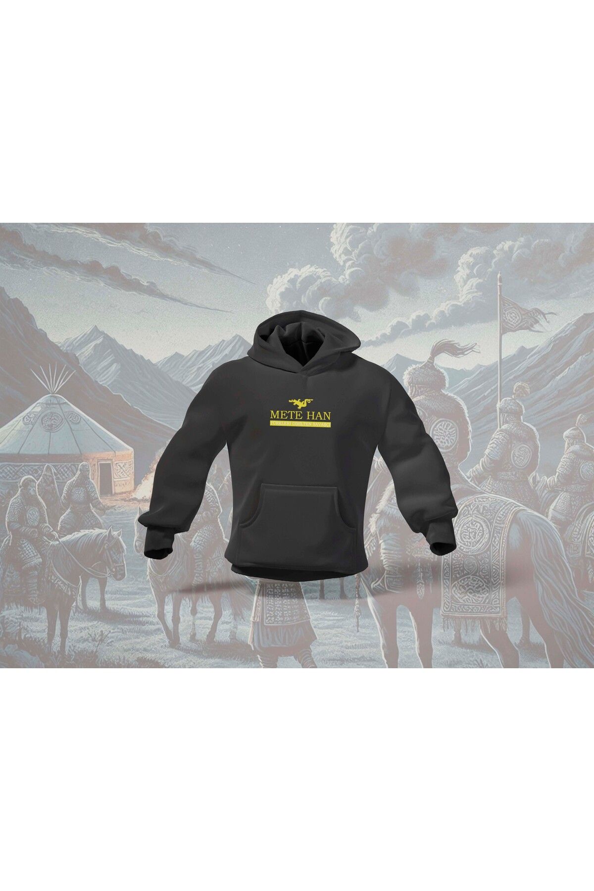 BERİLDEN Mete Han Sarı Yazı Türk Liderleri Özel Tasarım Oversize Hoodie Sweatshirt Unisex