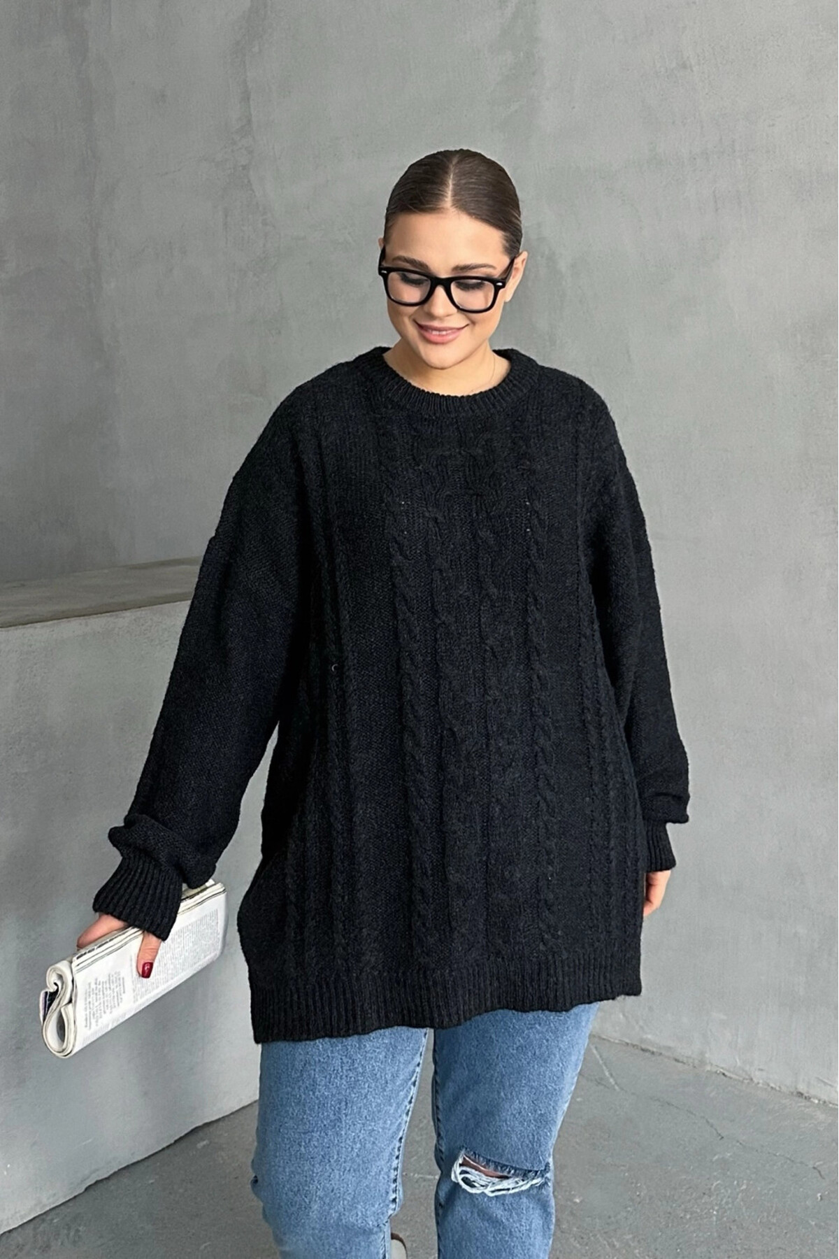 Stil Diva Büyük Beden Uzun Kollu Bisiklet Yaka Triko Kazak DG-05 görsel 4