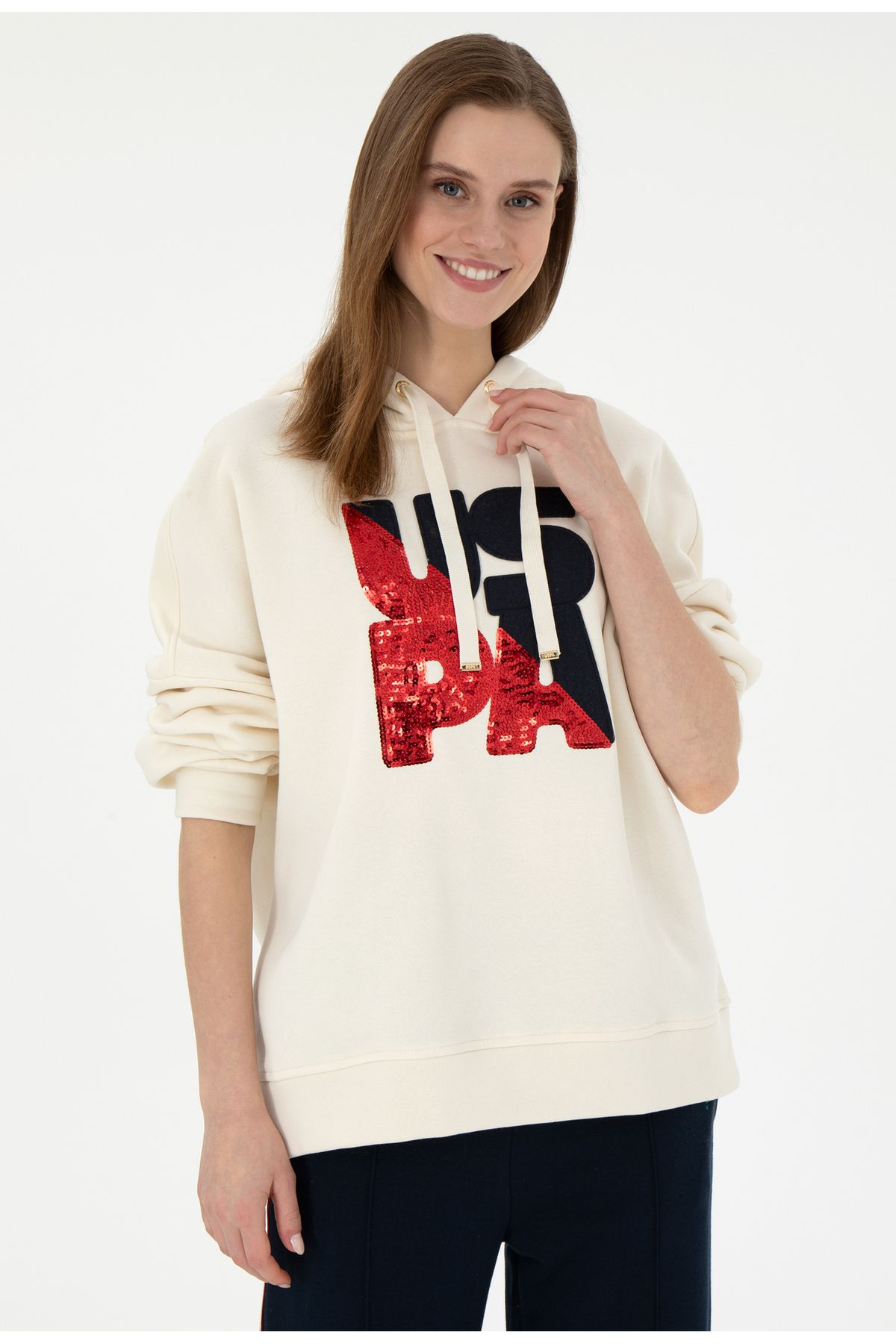 U.S. Polo Assn. U.S. Polo Assn. Krem Kadın Oversize Köpüşonlu Sweatshirt DMK.1944497.ROBERTA.