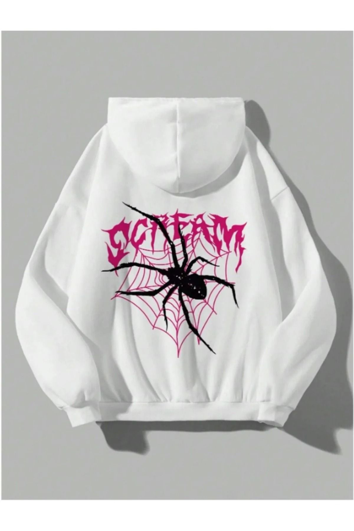 Bravebell Gothic Spider Web Scream Oversize Unisex Beyaz Kapşonlu Hoodie Sweatshirt