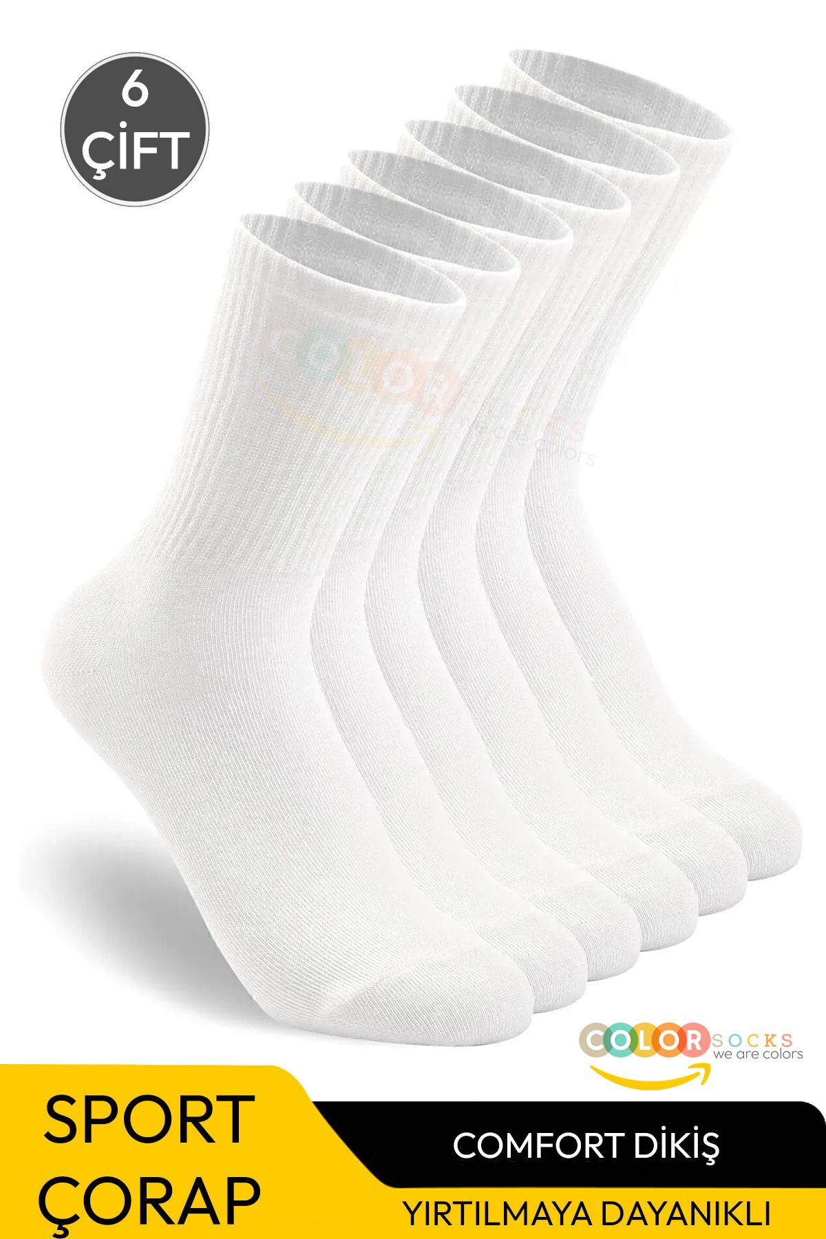 Color Socks 6 Çift Tenis Çorabı Fitilli Beyaz Unisex - Yüksek Kalite Soket Boy Tenis Çorabı Pamuklu