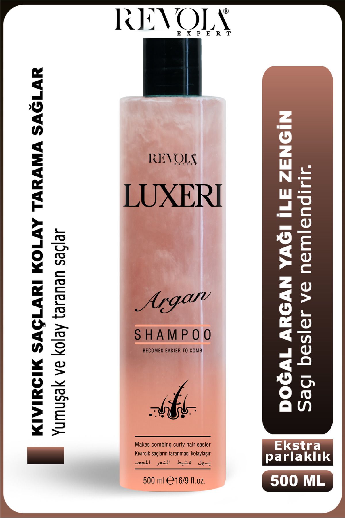 REVOLA EXPERT Luxeri Argan Şampuan - Kıvırcık Saçlar için Kolay Tarama ve Doğal Parlaklık Sağlayan Formül 500 ml