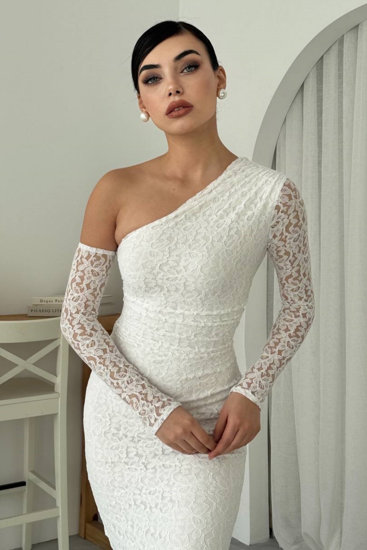 bayansepeti-Lining Lace Fabric Asymmetrical Neckline One Shoulder Detail Pencil Cutout Black Lace Evening Dress 364 5