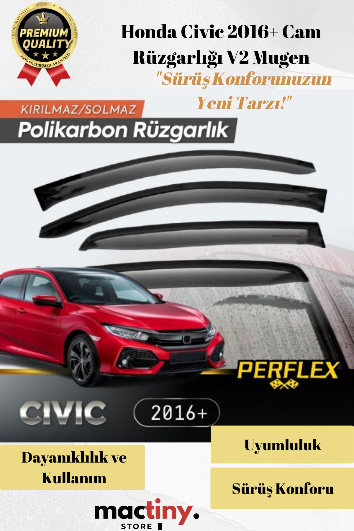 Mactiny Premium Ürün Kaliteli Üretim Sağlam Dayanıklı Honda Civic 2016+ Cam Rüzgarlığı V2 Mugen