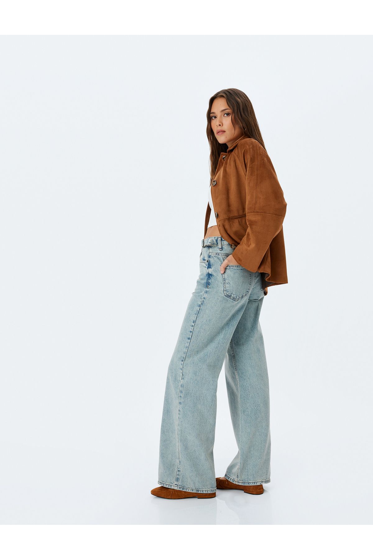 Koton Yeni Sezon Geniş Paça Kemer Detaylı Cepli Normal Bel Kot Pantolon - Wide Leg Jean
