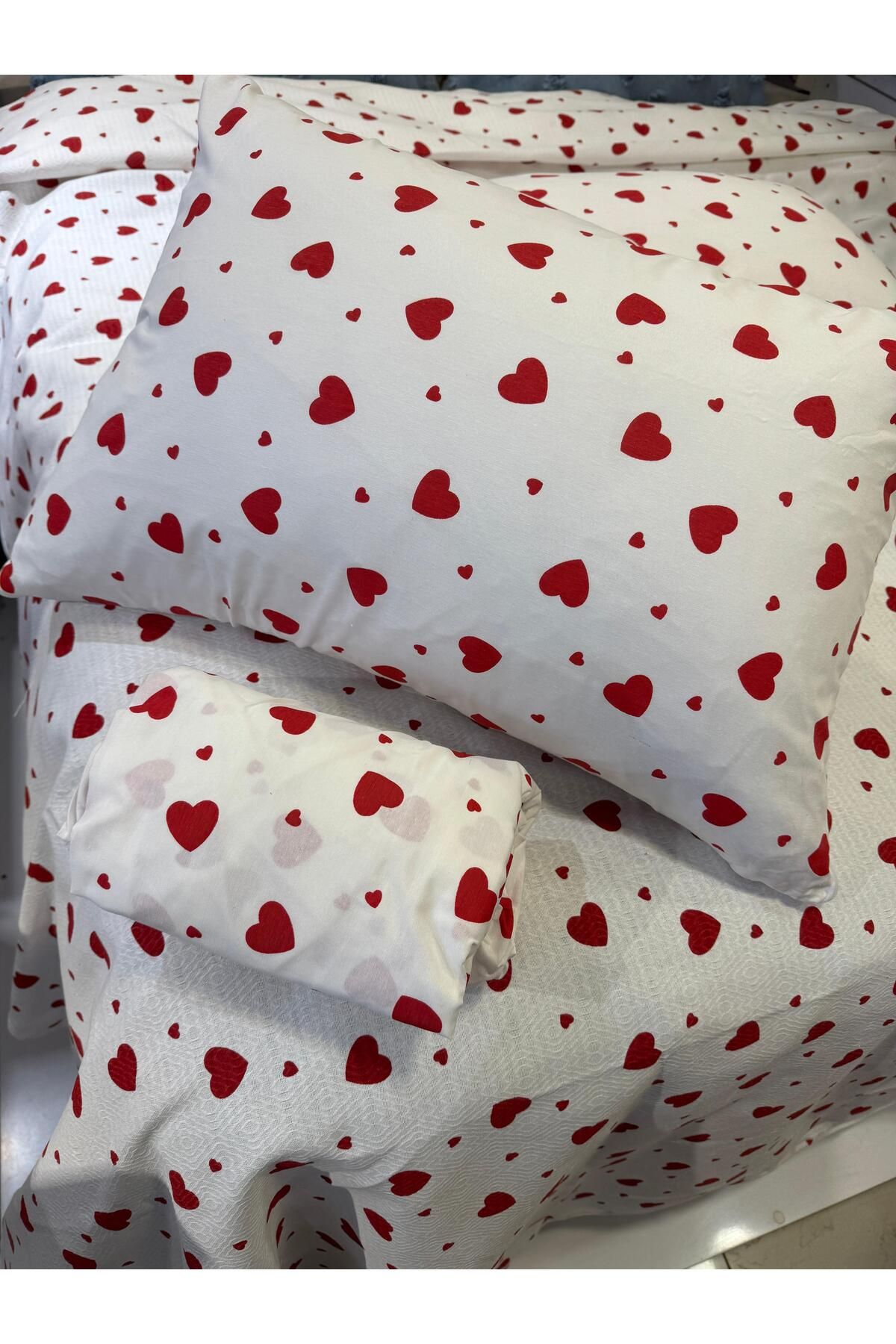 ŞENER HOME-Heart Patterned Bed Sheet Elastic Single Pique Set 6