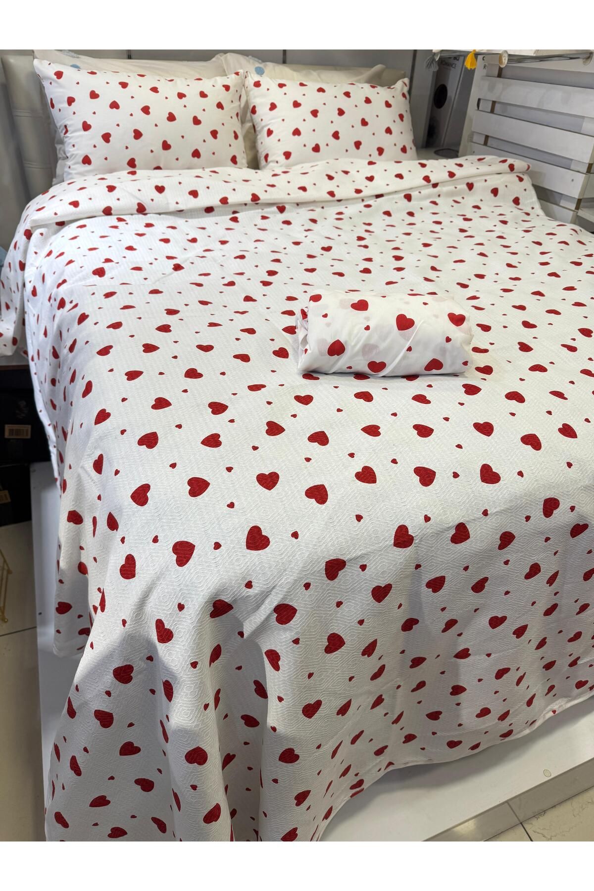ŞENER HOME-Heart Patterned Bed Sheet Elastic Single Pique Set 5