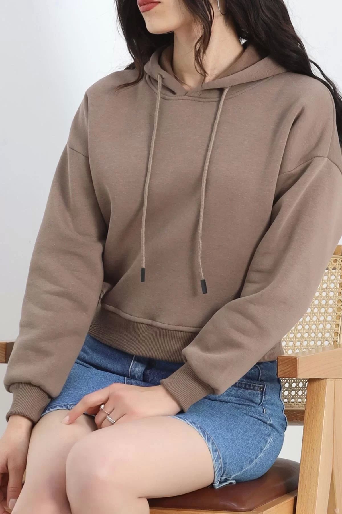 ufukmoda 3 İplik Kapşonlu Crop Sweat Kahve - 20959.1878.