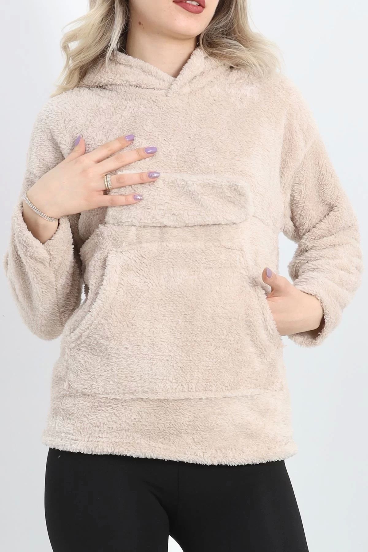 ufukmoda Kanguru Cep Kapşonlu Peluş Sweat Taş - 9062.1153.