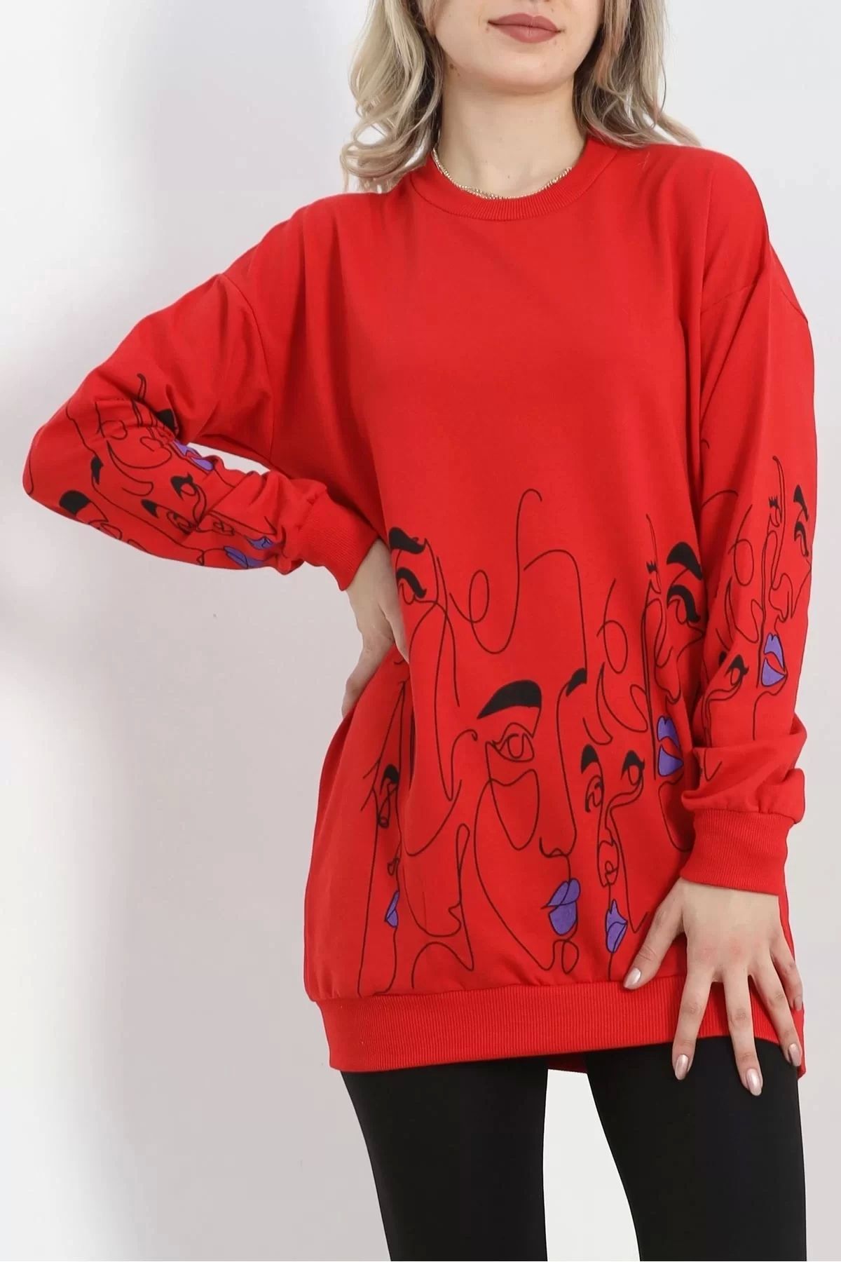 ufukmoda İki İplik Baskılı Tunik Sweat Kırmızı - 40046.555.