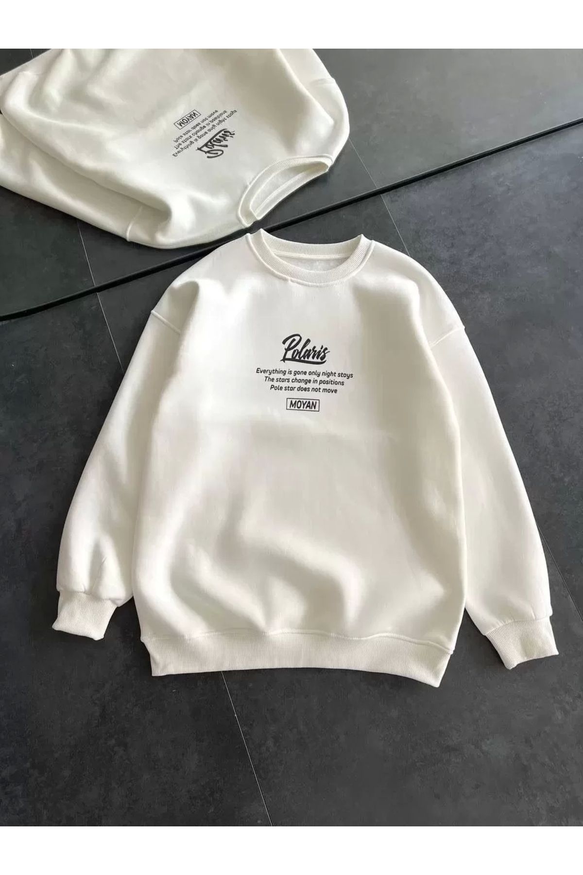 AE Stil Kışlık Bisiklet Yaka Ön Ve Arka Baskılı SweatShirt - Beyaz