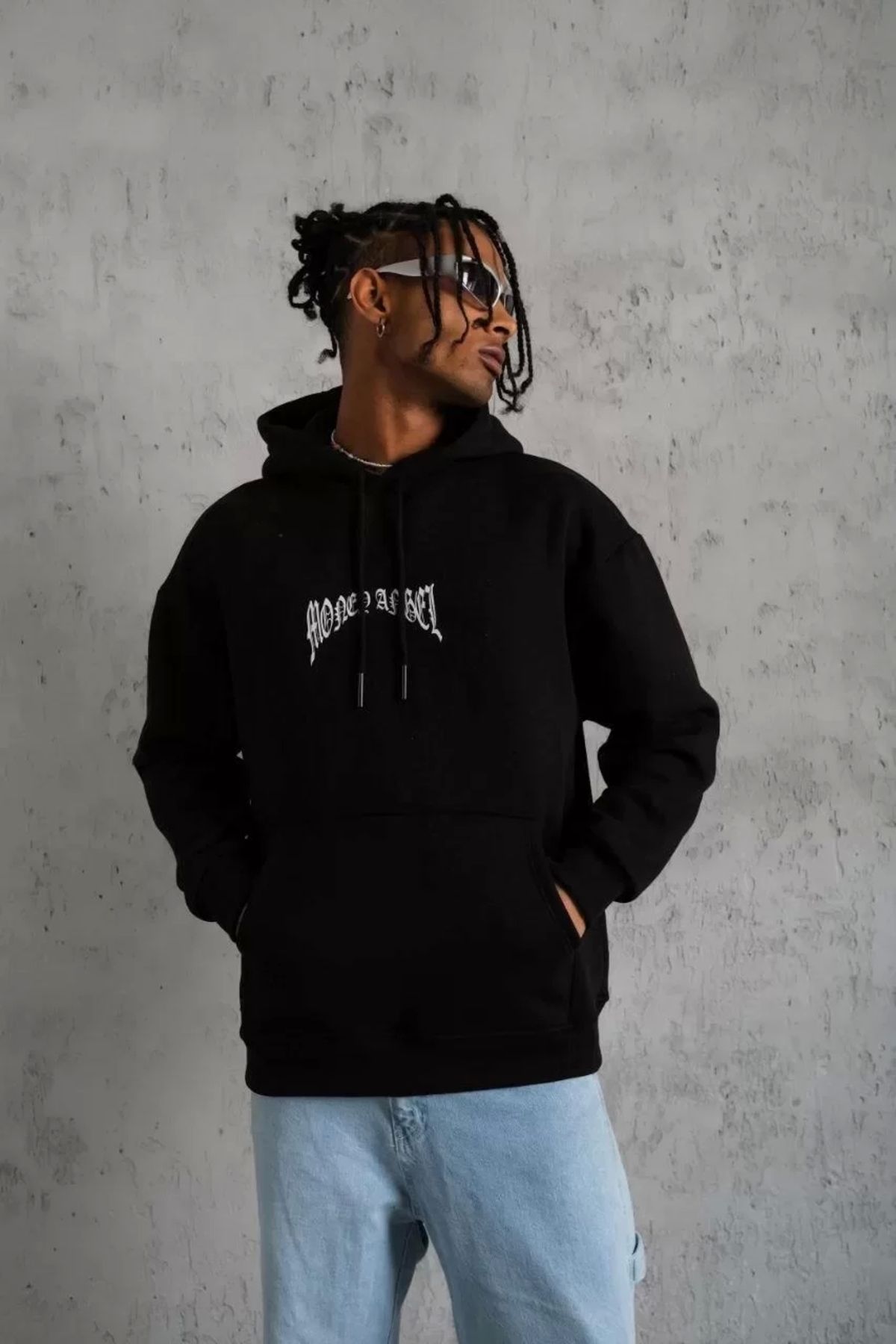 AE Stil Erkek Kordon İpli Baskılı Kapüşonlu Sweatshirt - Siyah