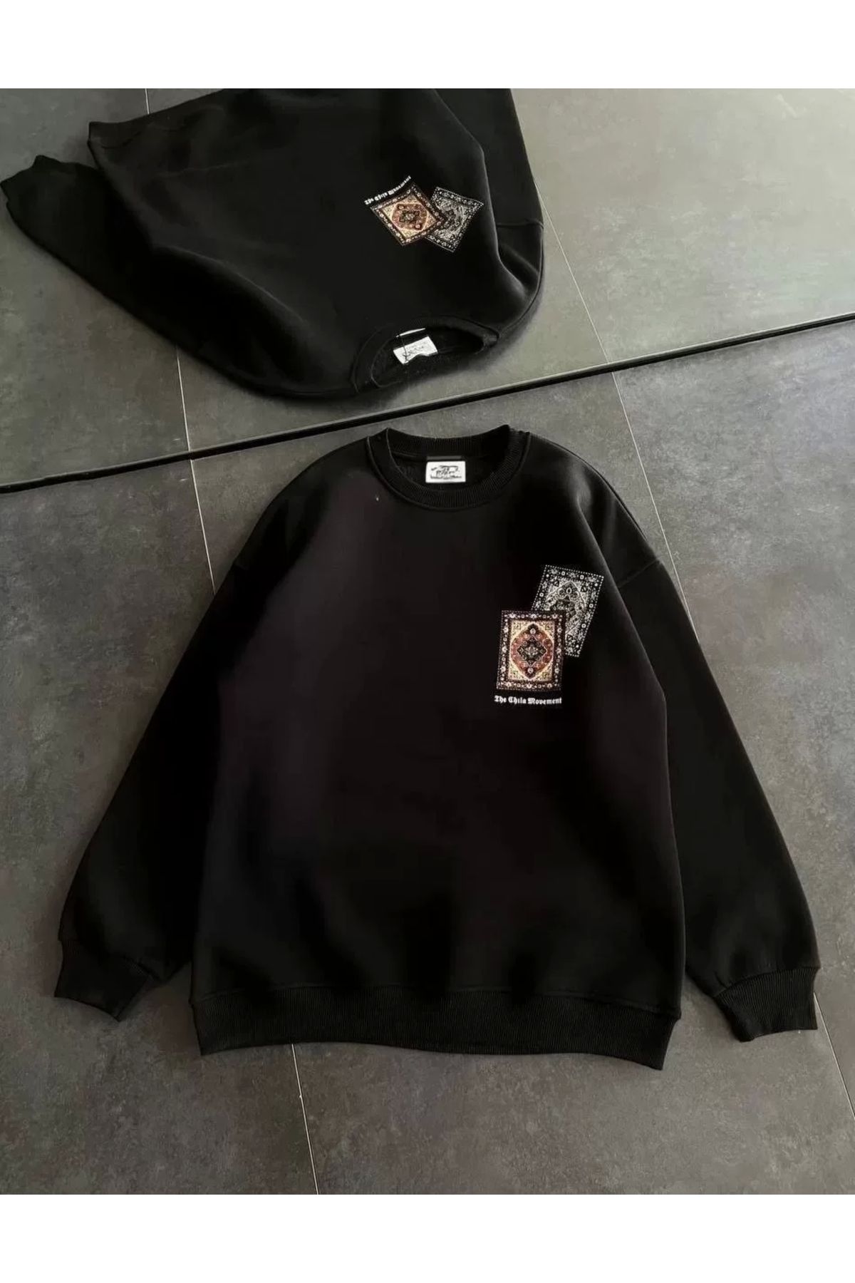 AE Stil Kadın Bisiklet Yaka Baskılı SweatShirt - Siyah