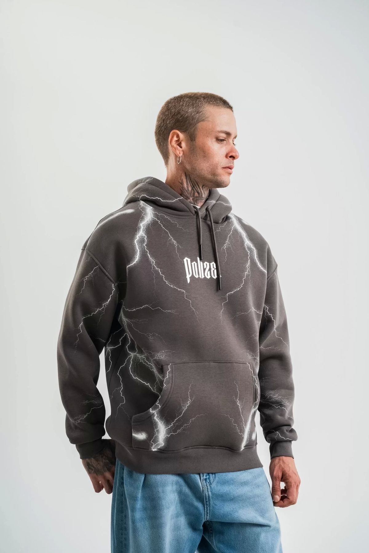AE Stil Double Oversize Kapşonlu Şimşek Pano Baskılı SweatShirt - Füme