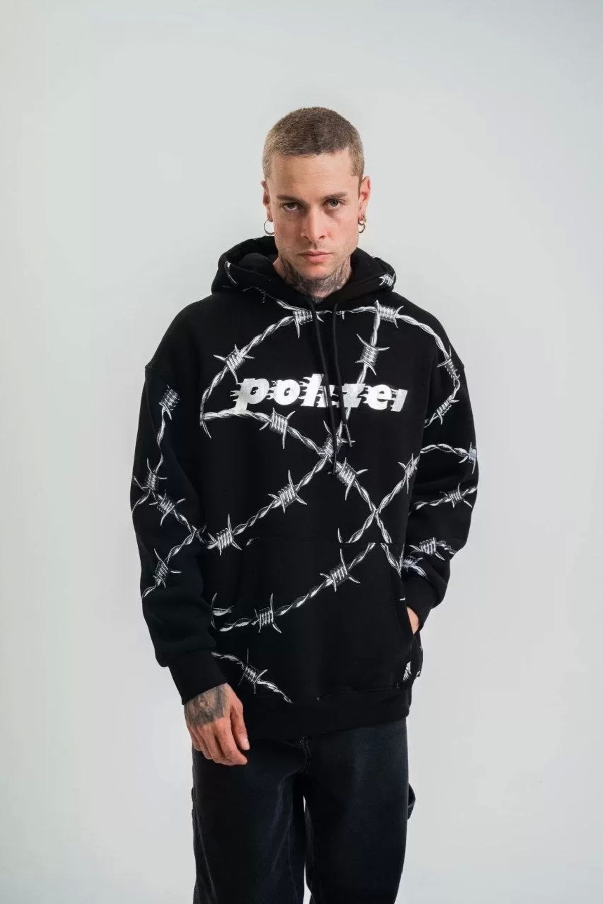 AE Stil Unisex Kapşonlu Varak ve Pano Baskılı SweatShirt- Siyah