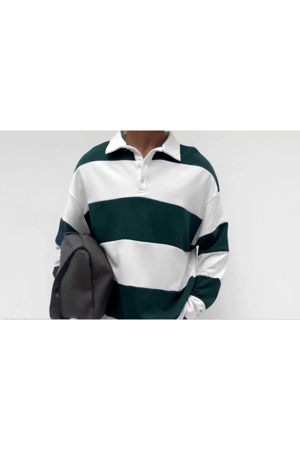 AE Stil Unisex Üç İplik Parçalı Yakalı SweatShirt - Yeşil