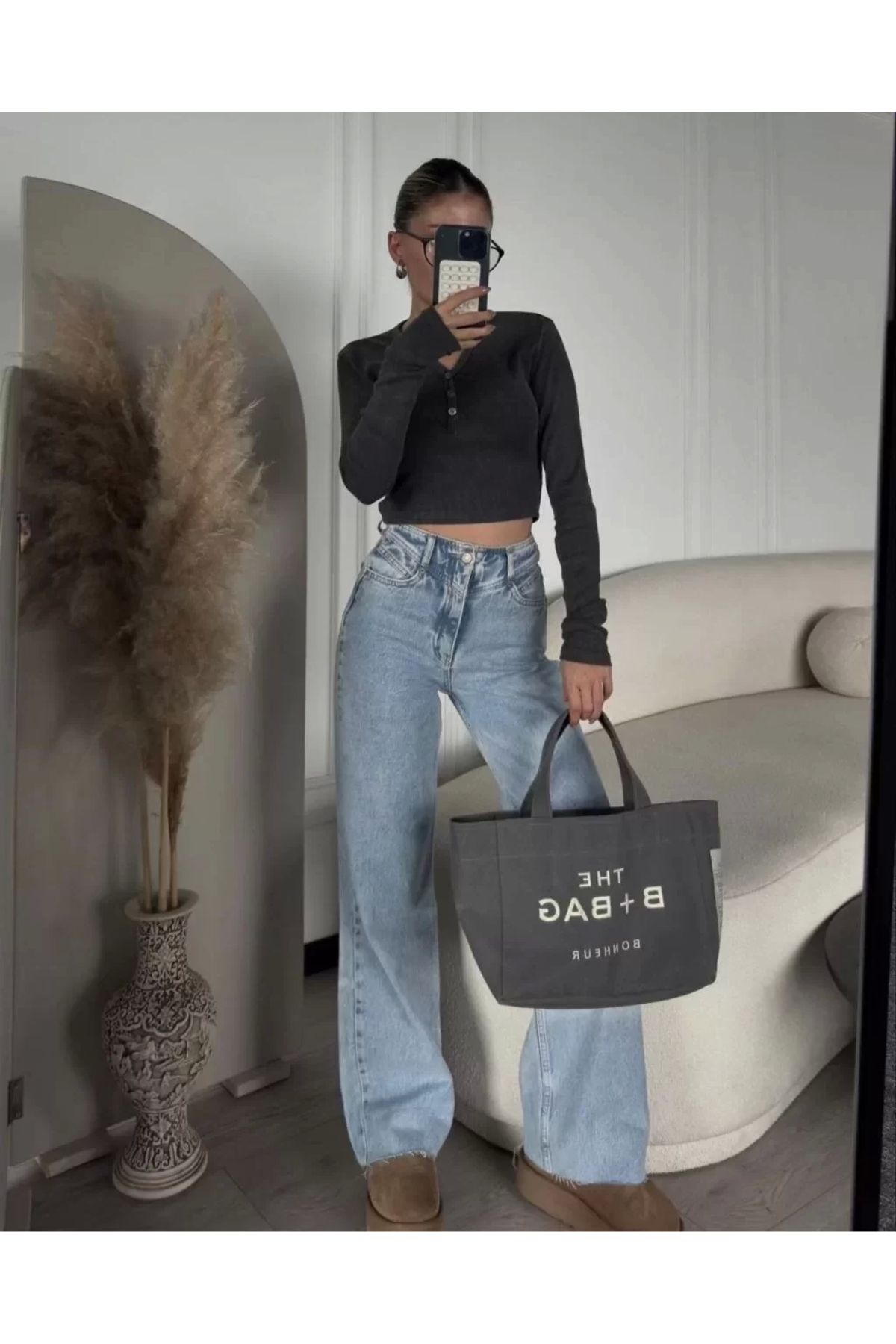 AE Stil Düğme Detaylı Yıkamalı Crop