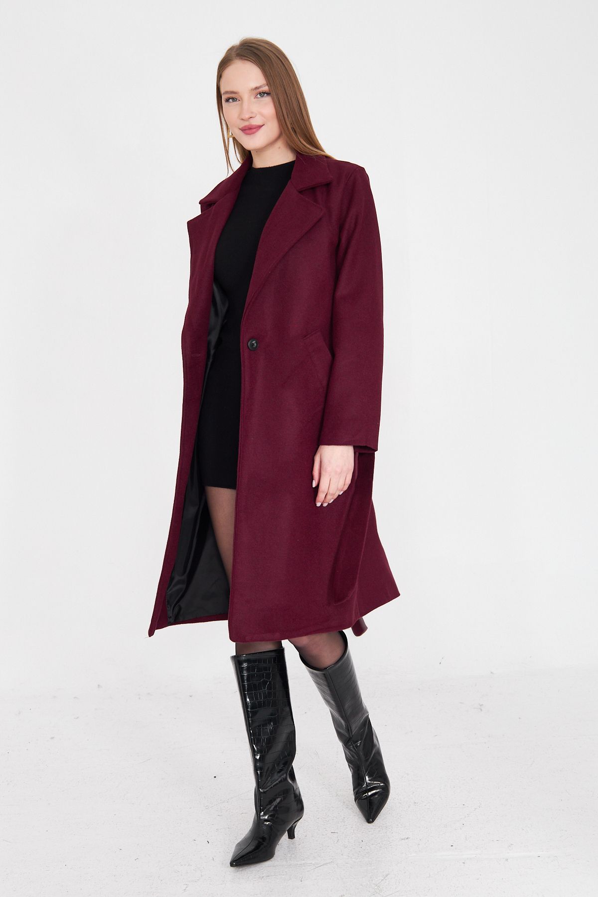 SevdeUgur-Women's Plum Belted Buttoned Cashmere Coat / Sevde Ugur 4