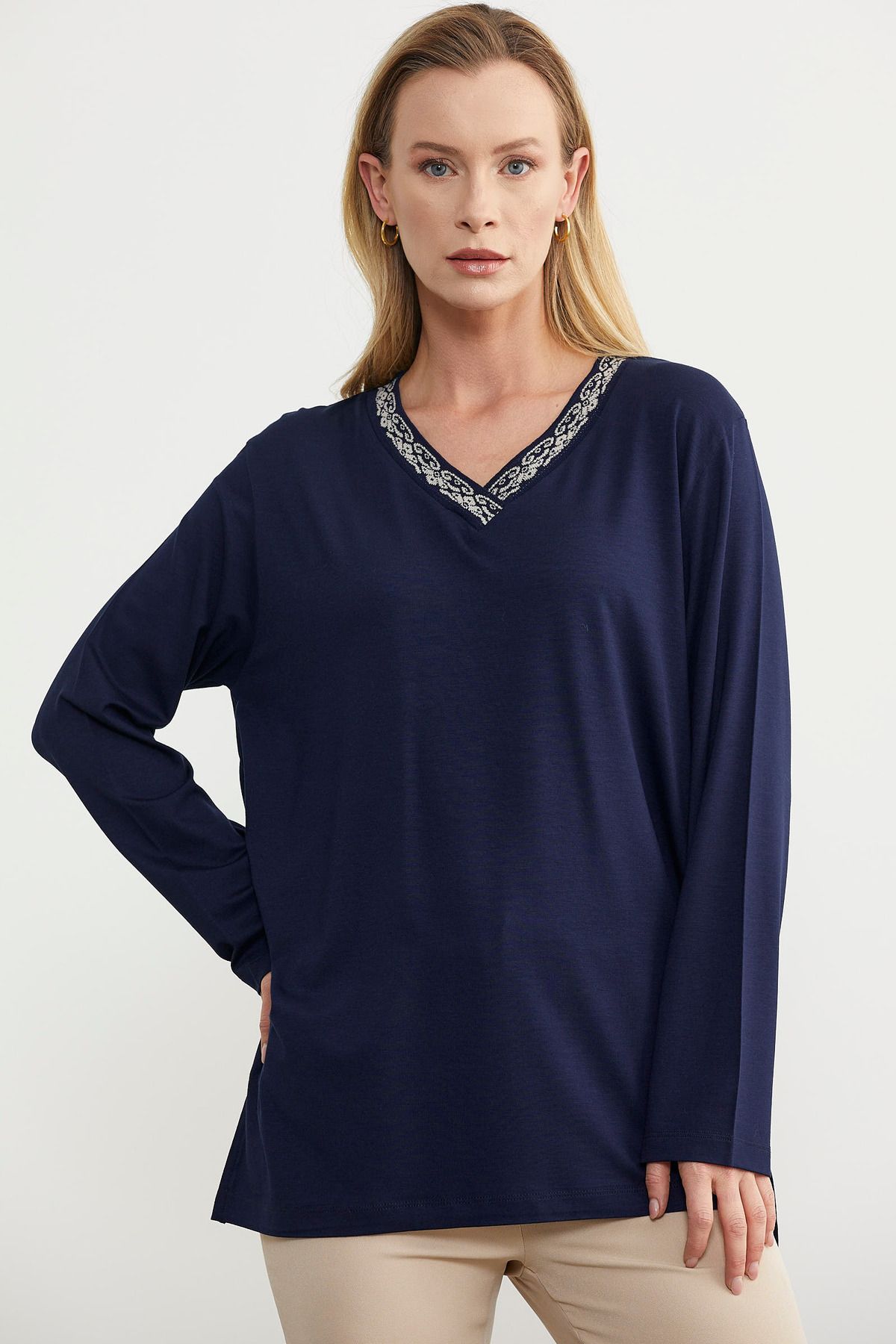 Sementa-Navy Blue Long Sleeve Collar Detailed T-Shirt 3