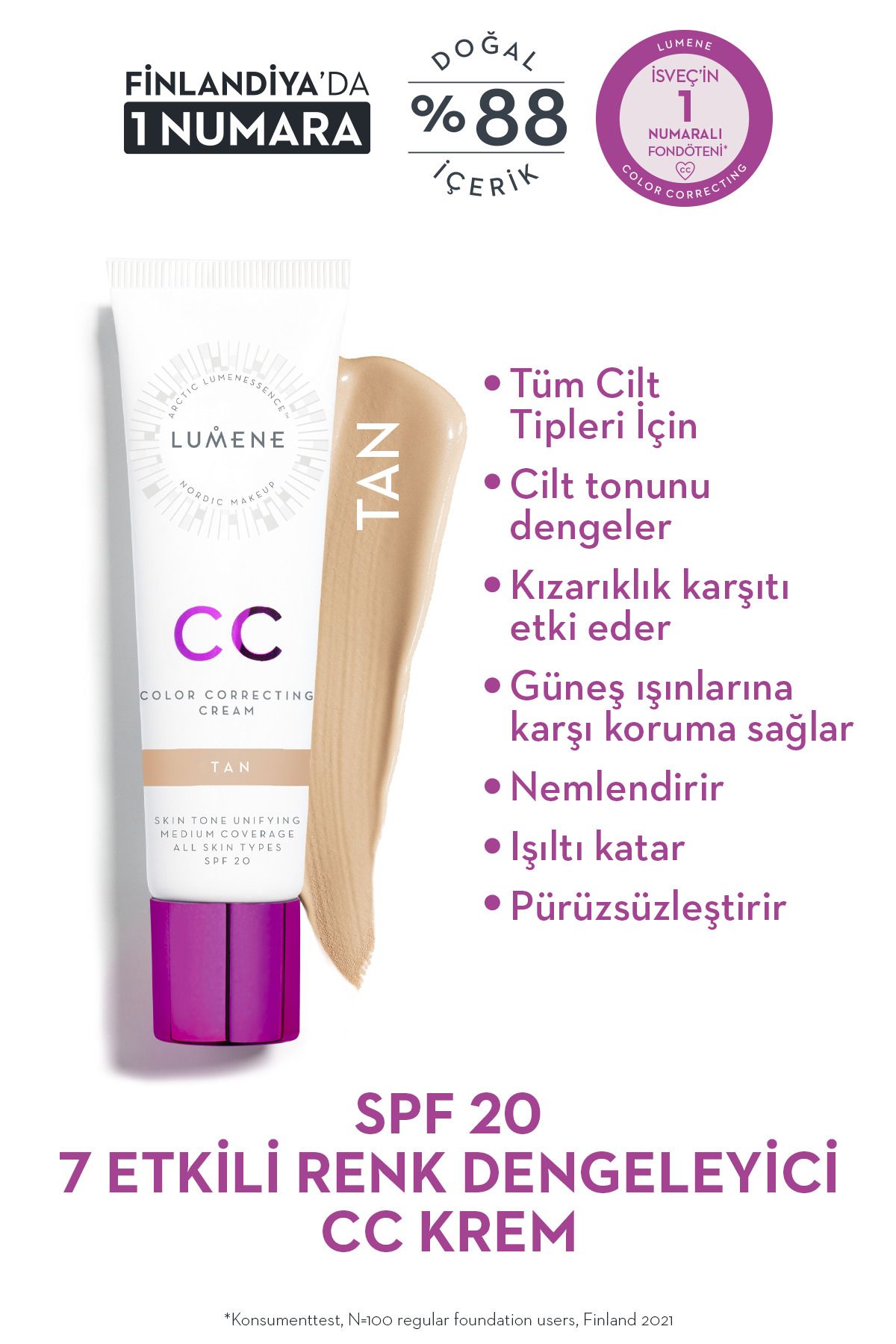LUMENE-CC Cream Shade Tan-7 - Effective Color Balancing, CC Cream SPF 20 - Dark 1