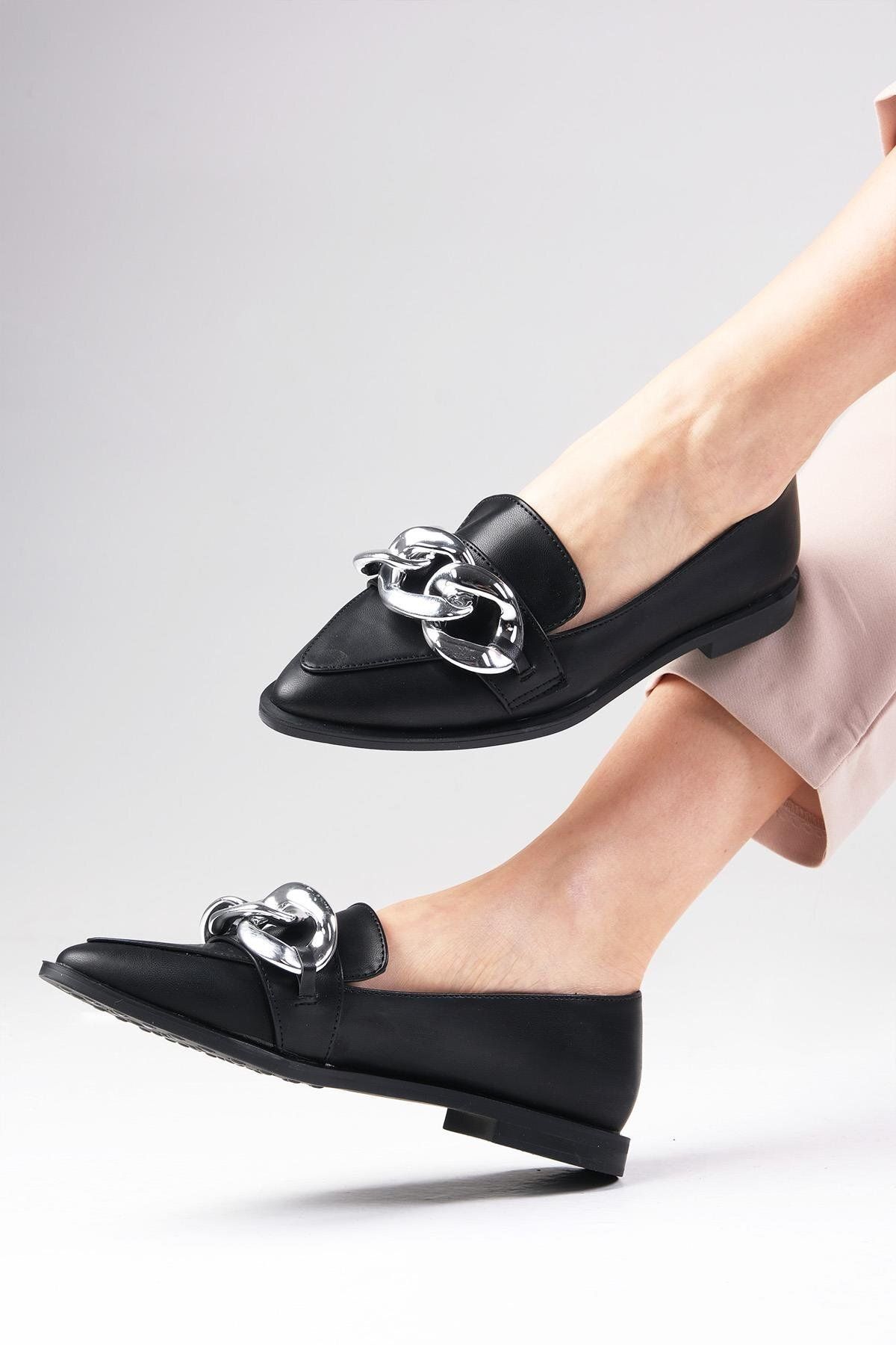 لوفر مشکی زنانه سیاه Gianna Color Chain Accessory Loafer Daily Flat Mio Gusto