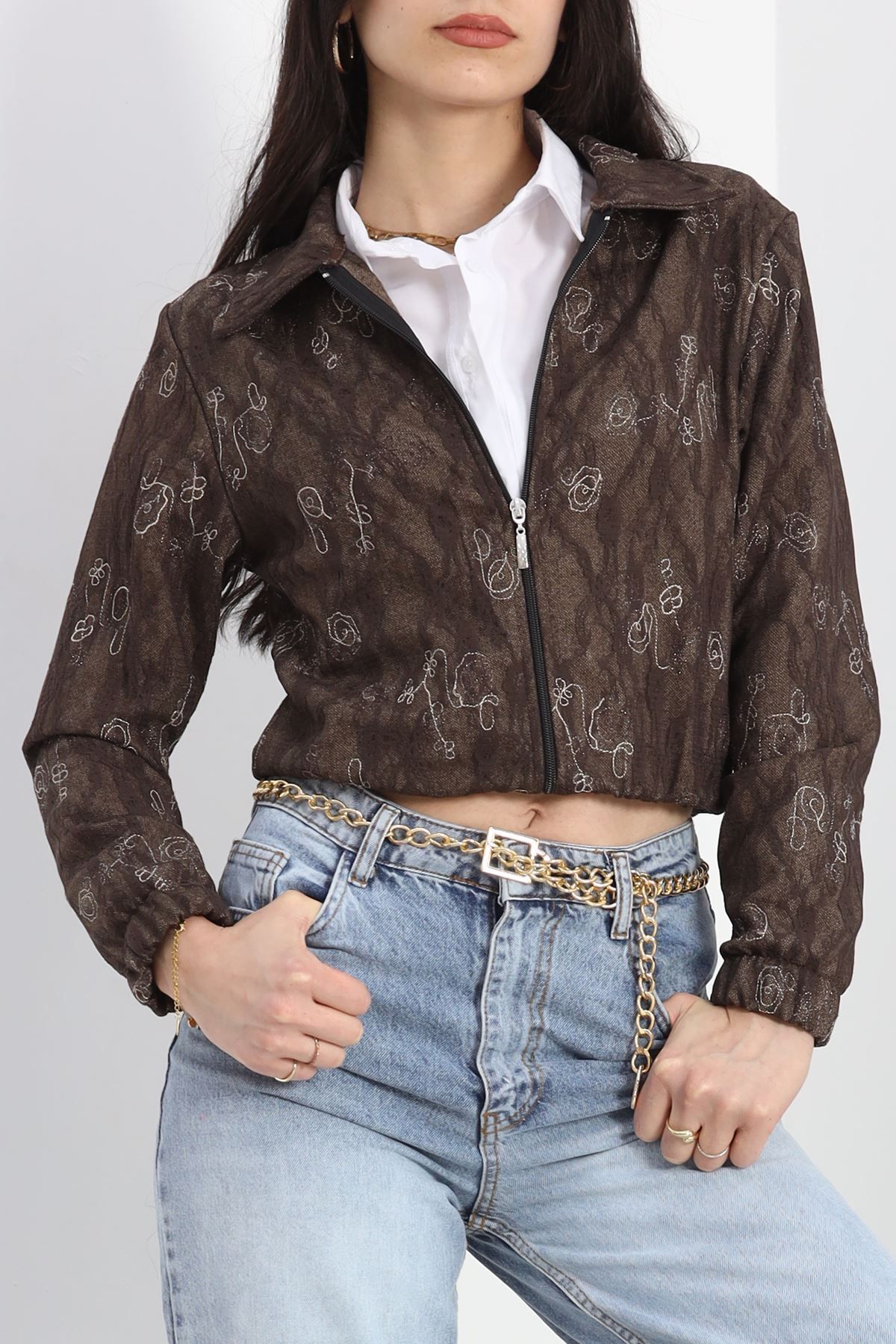 HİLALSHOP Likralı Güpürlü Kumaş Bomber Mont Kahve - 30101.1837.