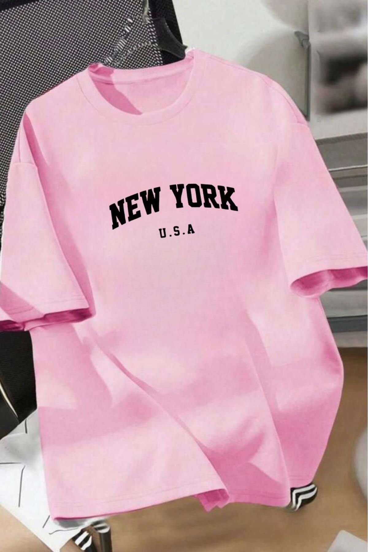 stg spor toptan giyim Kadın Pembe Oversize New York Baskılı Bol Kalıp T-shirt