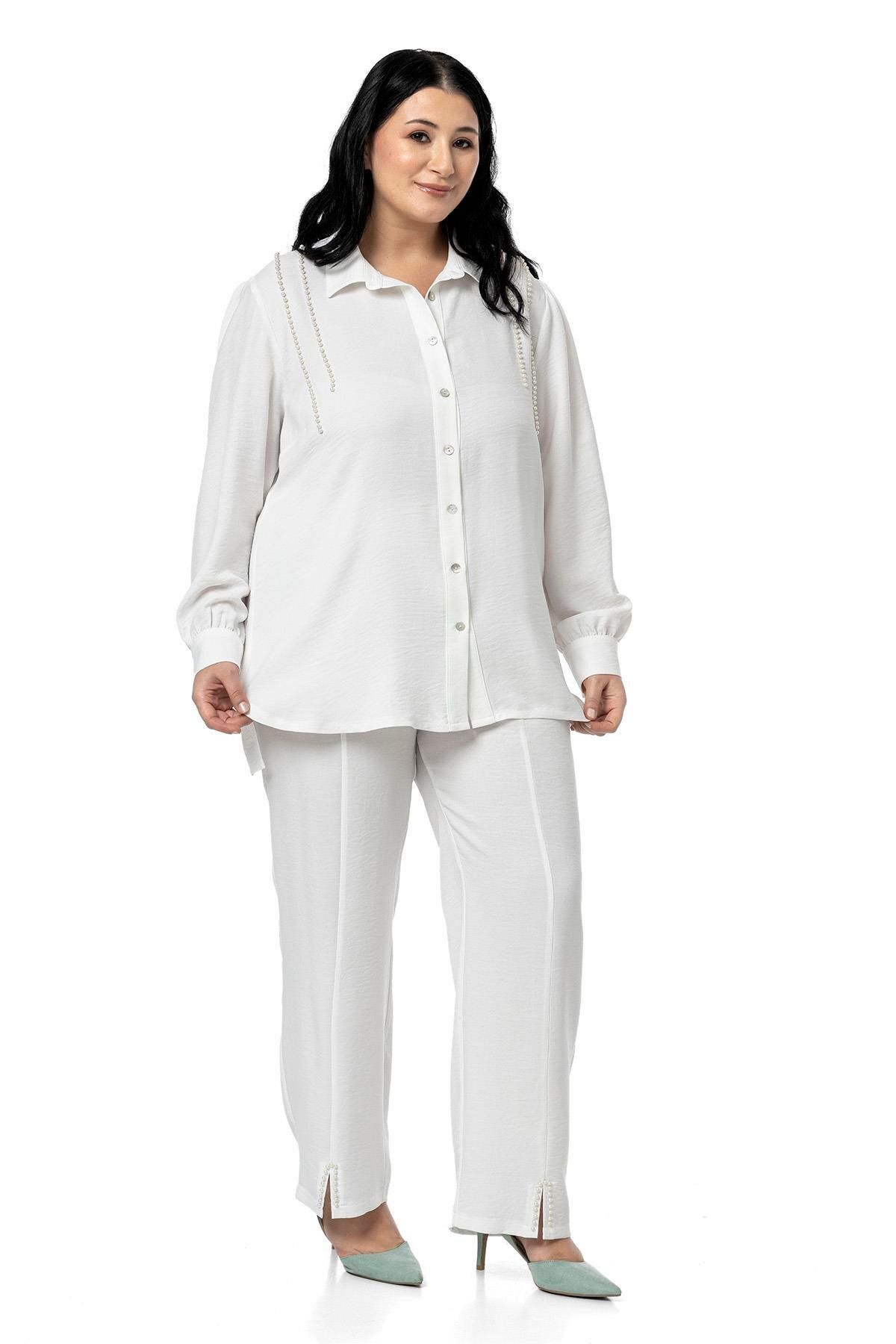 DISENTIS MODEST-Plus Size Pearl Detailed Shirt Pants White Double Set 5