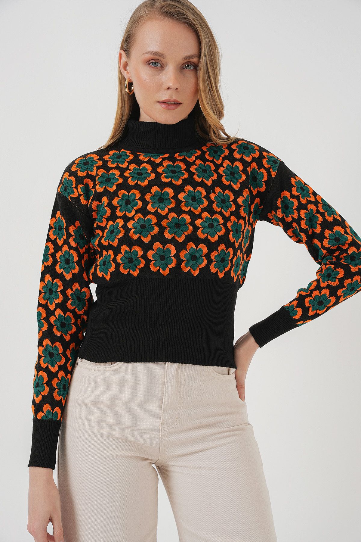 Bigdart-15801 Turtleneck Patterned Crop Sweater - Orange 3