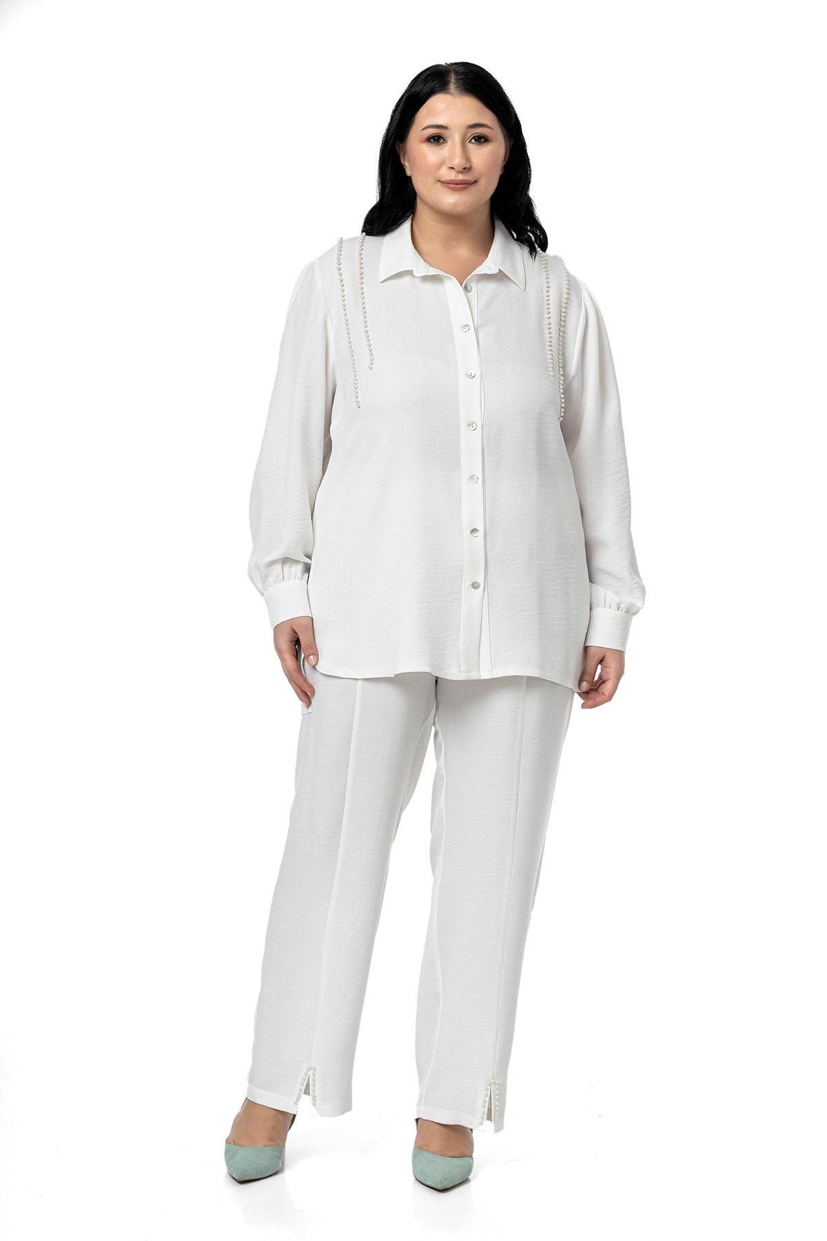 DISENTIS MODEST-Plus Size Pearl Detailed Shirt Pants White Double Set 1