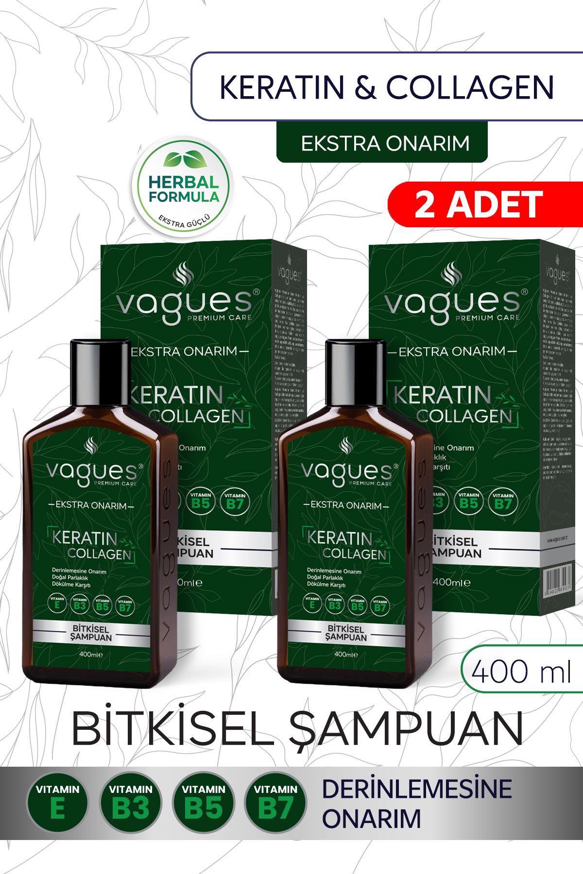 Vagues Premium Care Keratin Collagen Ekstra Onarım Dökülme Karşıtı Hızlı Uzama Etkili Bitkisel Şampuan 2 adet