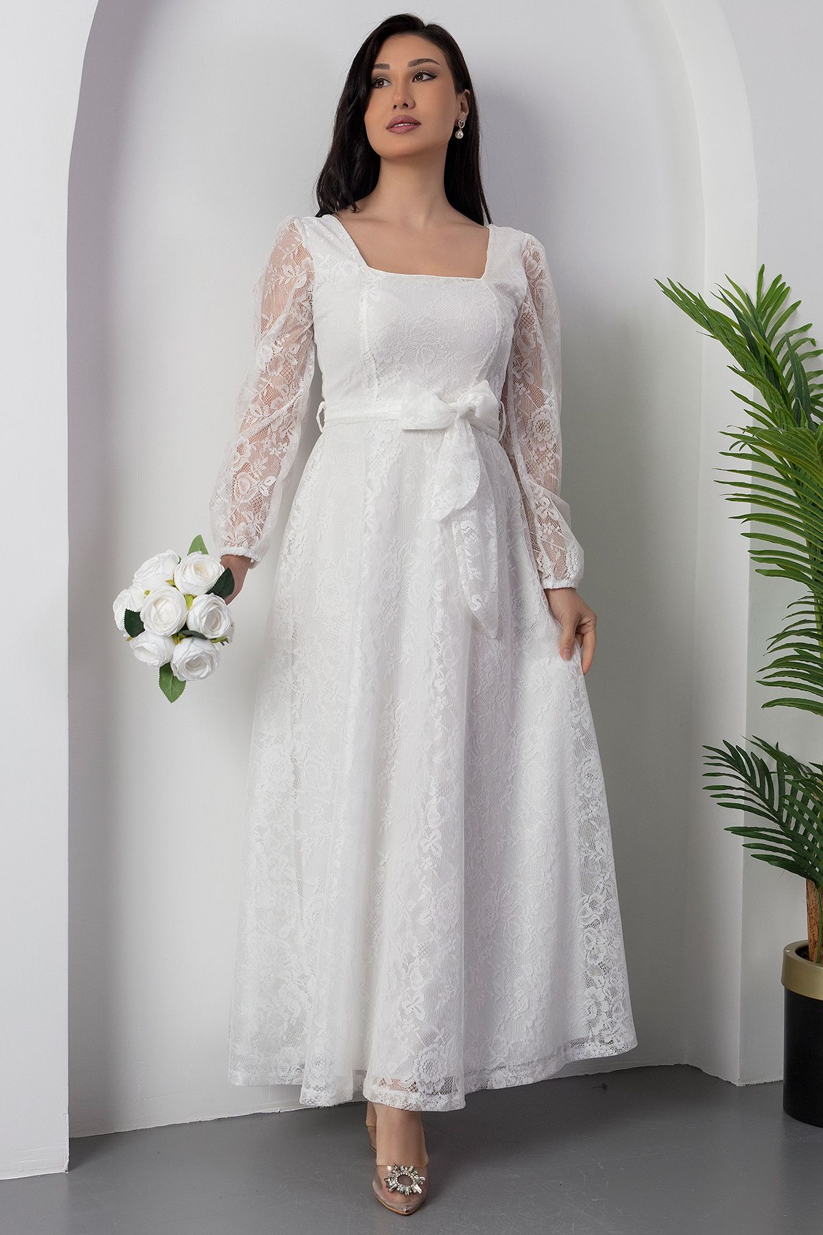 PULLIMM-Square Neck Lace Dress with Belt Ap-0222 1